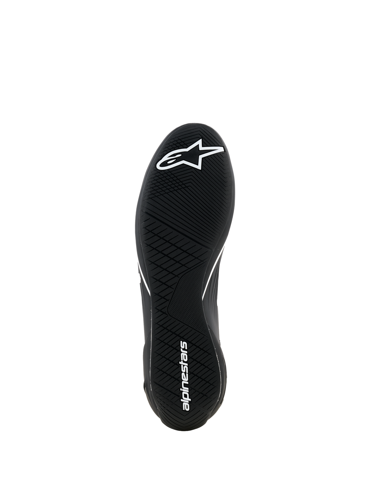 Alpinestars Supertech K Shoes - FIA, zapatos de karting, negro, vista inferior que muestra la suela de goma ultrafina con banda de rodadura asimétrica, logotipo de la estrella blanca en la parte delantera y nombre de la marca en blanco en el talón, diseñados para una máxima sensación con los pedales.