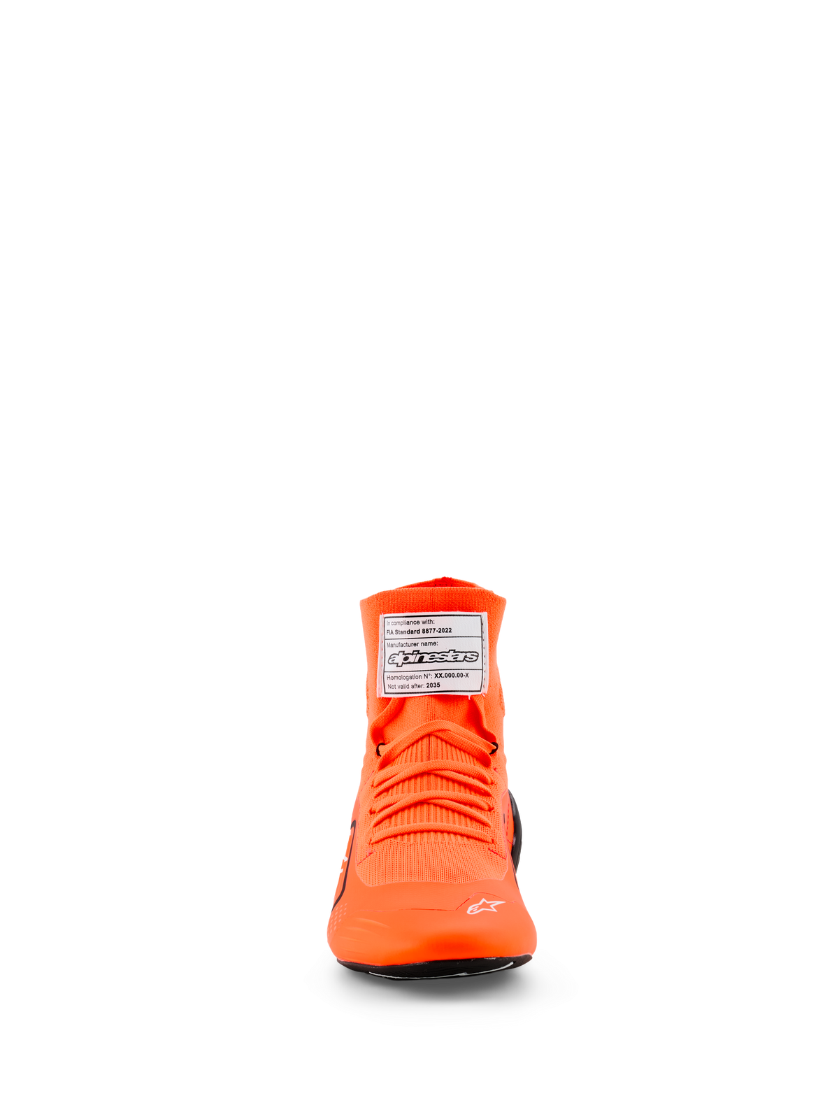 Alpinestars Supertech K Shoes - FIA, Karting Shoes, Orange Fluo, front view featuring a knitted upper with matching orange laces, white FIA certification label on the tongue, and a small white star logo on the toe