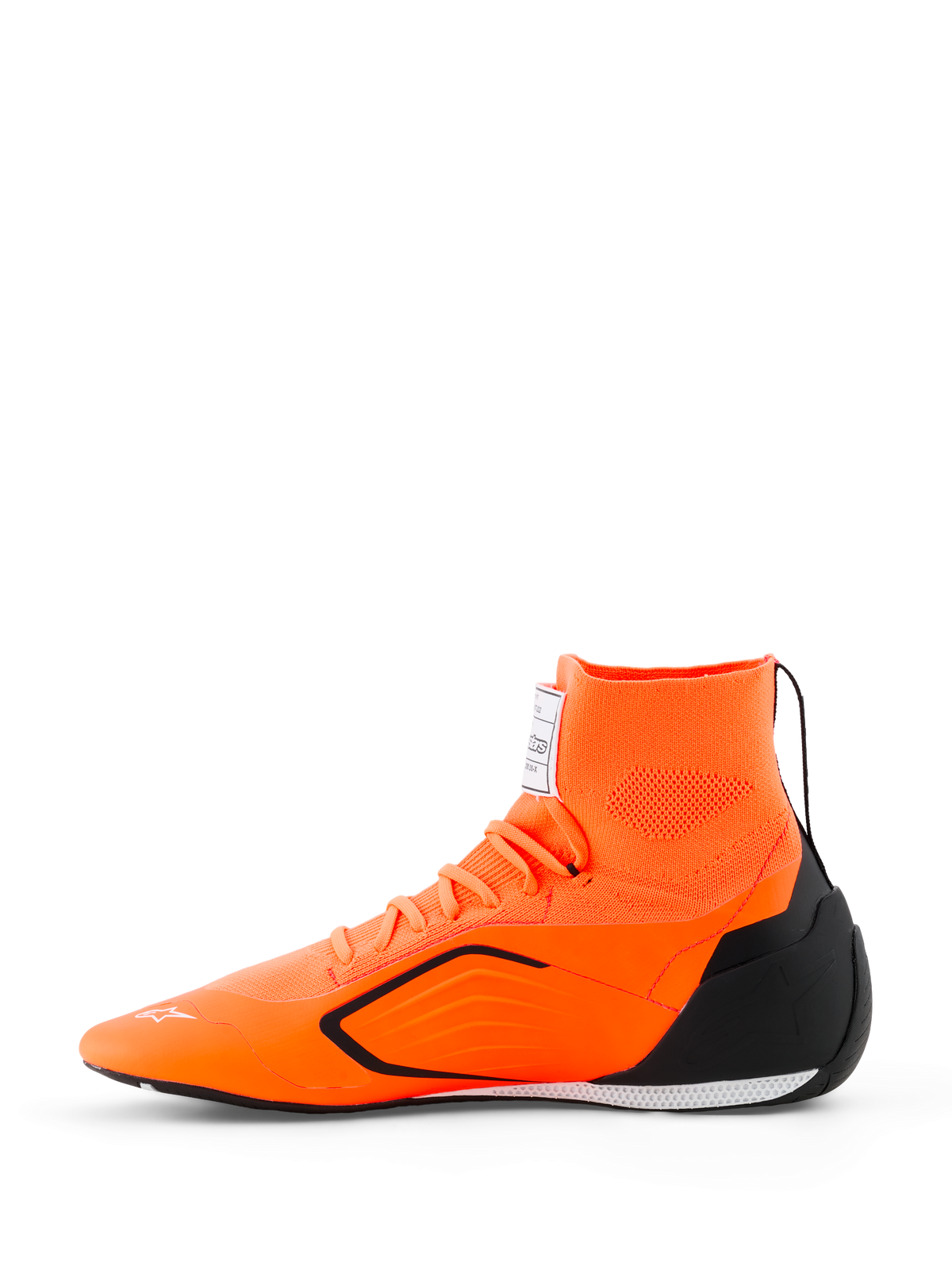 Alpinestars Supertech K Shoes - FIA, Karting Racing Shoes, Orange Fluo Black and White, side view featuring a seamless knitted upper, integrated ankle collar, black TPU heel counter, and ultra-thin performance outsole.