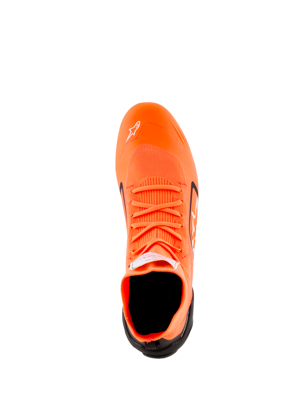 Alpinestars Supertech K Shoes - FIA, Karting Shoes, Orange Fluo Black and White, top-down view showing the knitted upper construction, orange laces, white Astars logo on the toe, and black heel counter