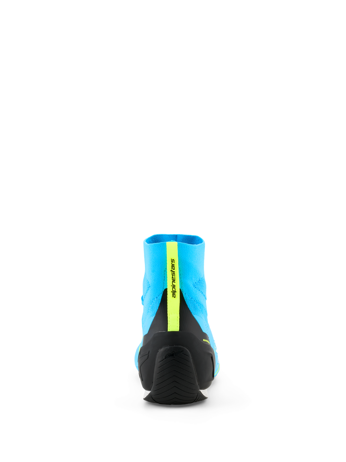 Alpinestars Supertech K Shoes - FIA, zapato de karting, azul claro y negro con amarillo flúor, vista trasera con el contrafuerte del talón de TPU inyectado y tira vertical amarillo flúor con marca, construcción superior de punto ligero