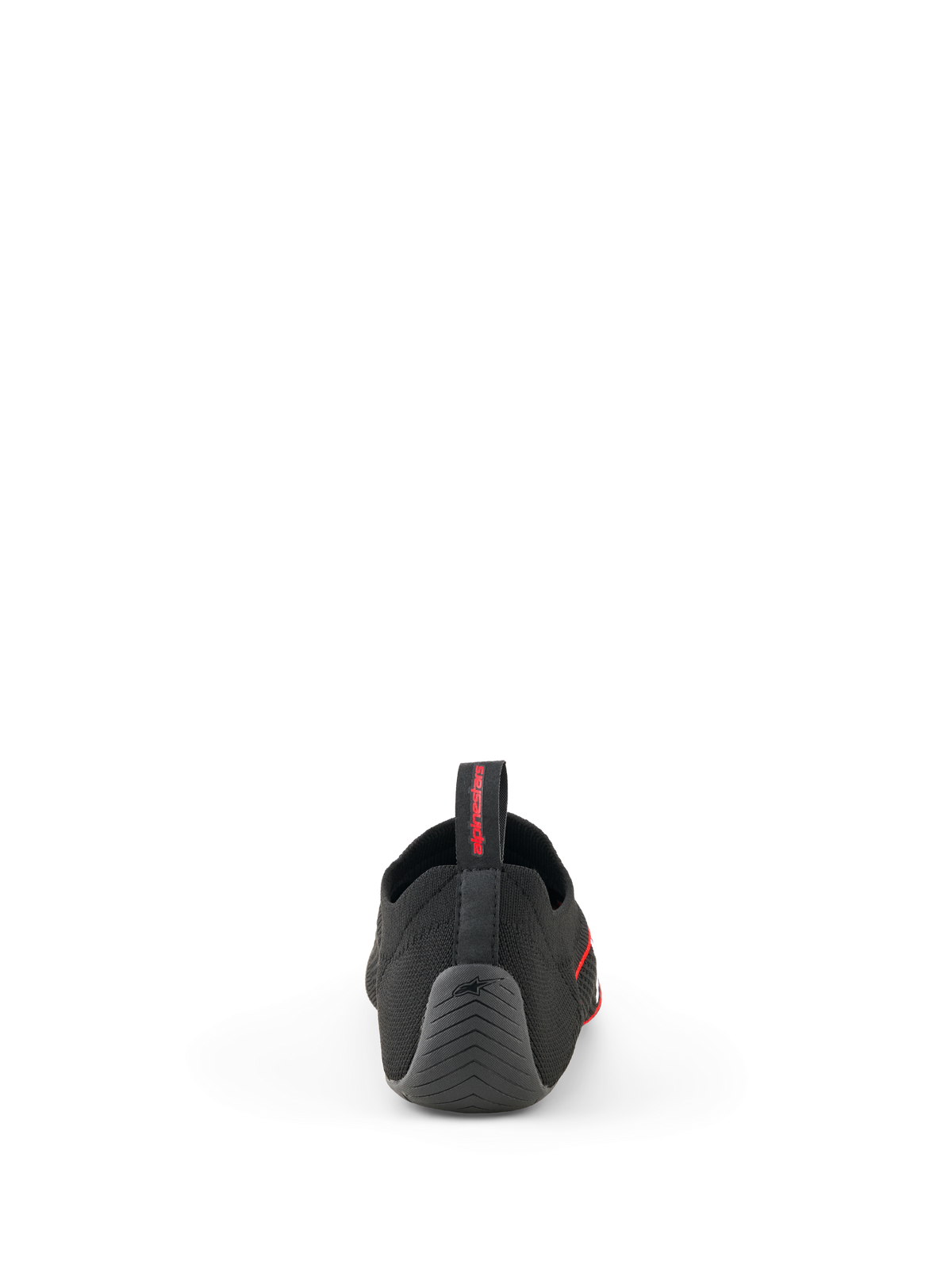 Alpinestars Tech Gaming Shoes, negros, vista trasera que muestra la parte superior de punto sin costuras, talón de goma texturizada con logo de estrella y tirador trasero con marca en rojo, calzado para SIM-racing