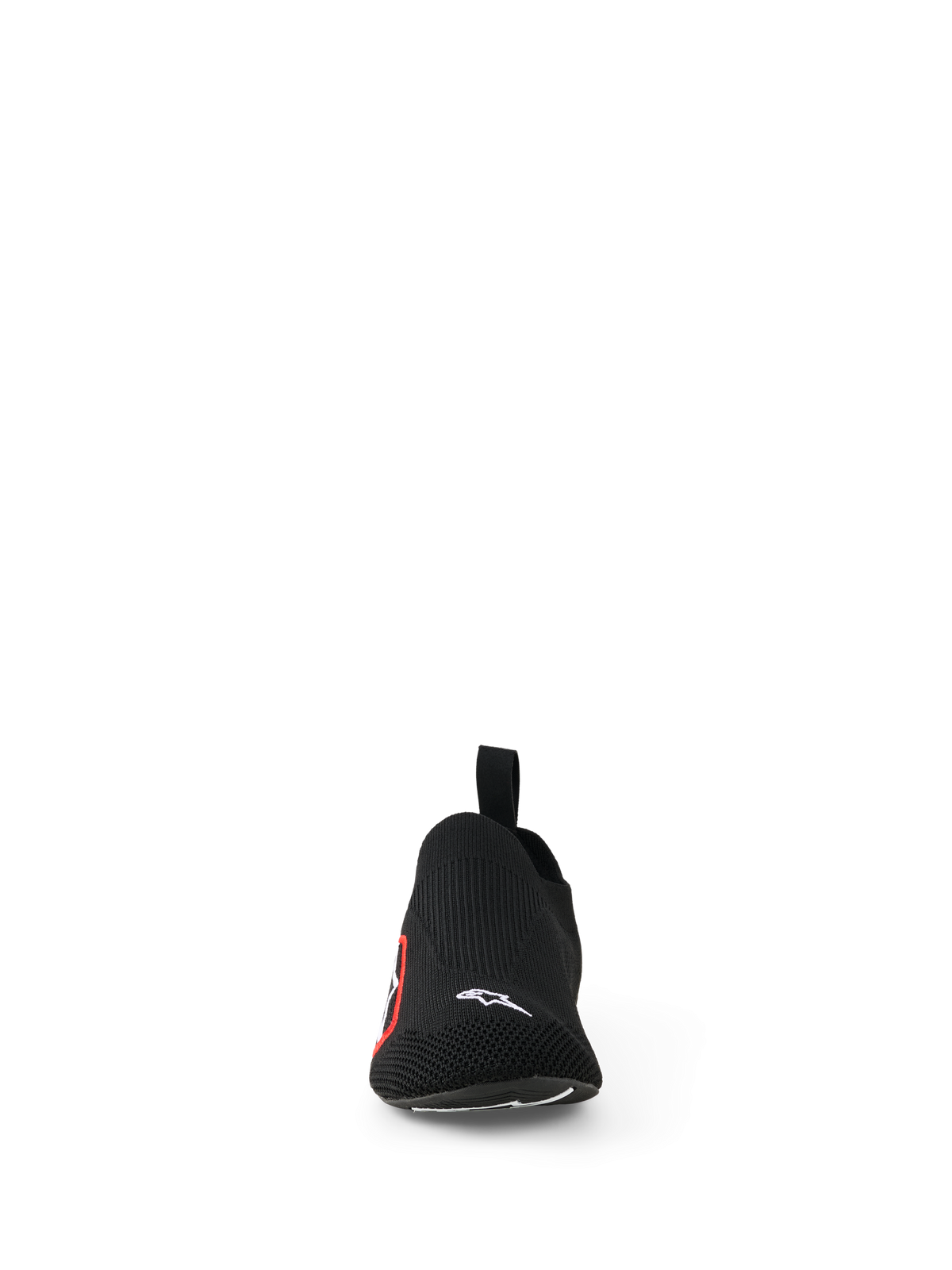 Alpinestars Tech Gaming Shoes, Sim Racing Footwear, Black, front view featuring a seamless knitted stretch upper, small white Alpinestars logo on the toe, red and white side logo, lightweight design for pedal sensitivity and comfort