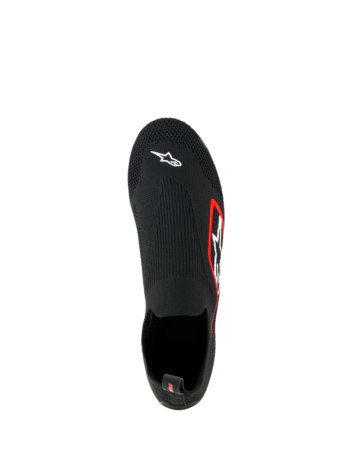 Zapatos Alpinestars Tech Gaming, calzado para Sim Racing, color negro, vista superior, parte superior elástica de punto sin costuras con logo Astar blanco en la puntera, logo con borde rojo en el lateral, diseño ligero tipo calcetín