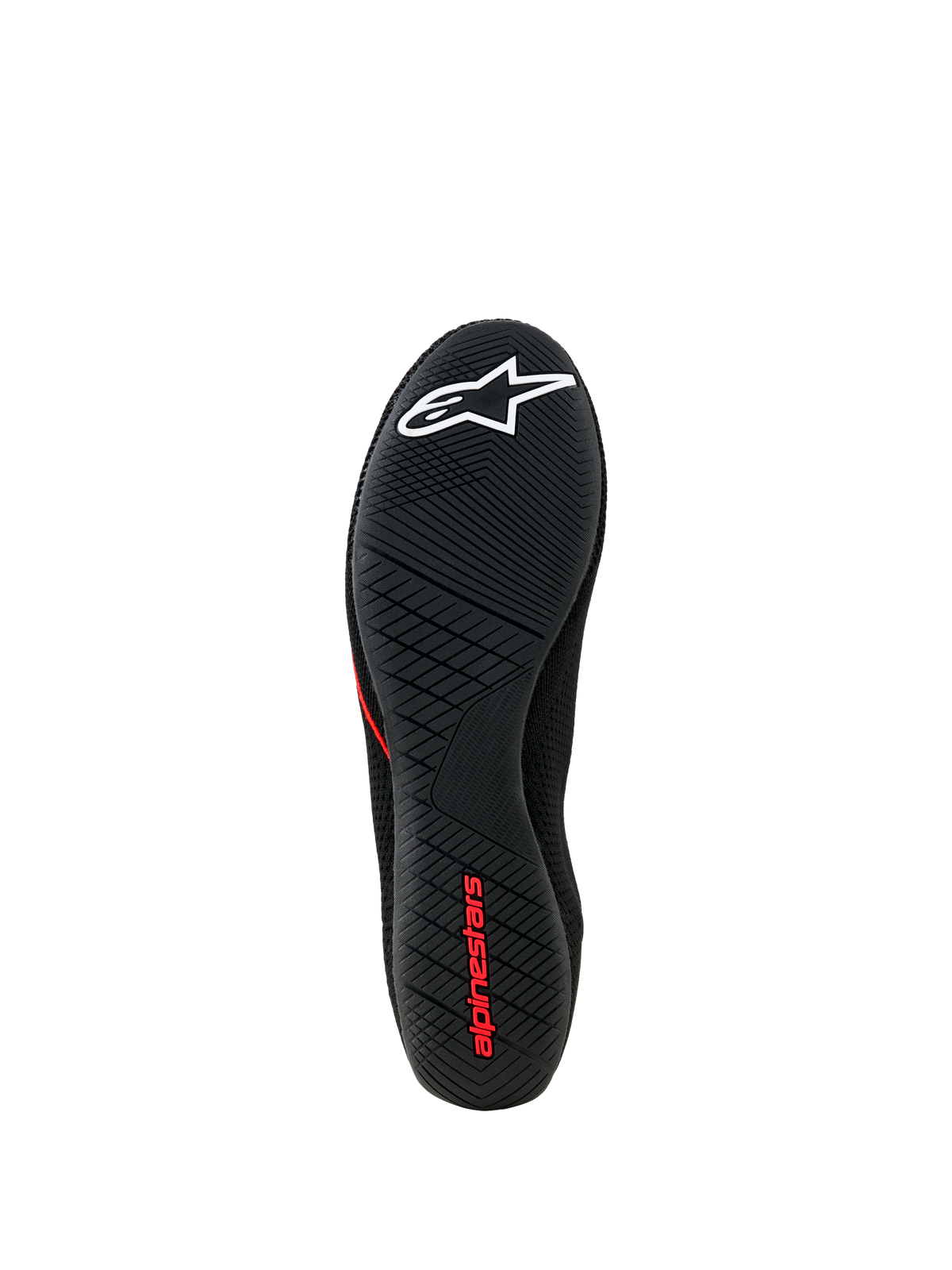 Zapatos Alpinestars Tech Gaming, vista de la suela, suela de goma negra ultrafina con patrón de agarre texturizado, logotipo de estrella blanco y marca Alpinestars en rojo, calzado para sim-racing