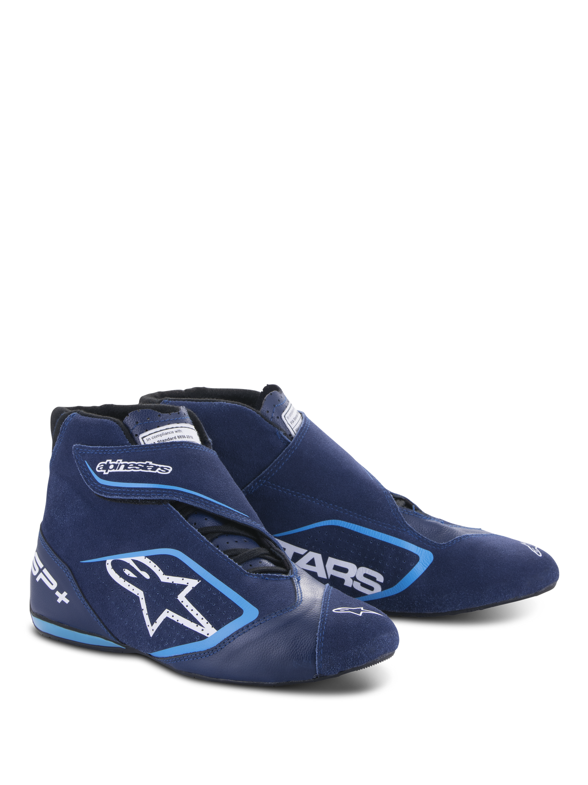 Alpinestars SP+ Shoes N, zapatos de carreras para automovilismo, azul ultramar y azul claro, diseño de caña alta con construcción de ante y cuero, con un gran logotipo de estrella blanca y marca SP+, forma aerodinámica para el automovilismo profesional