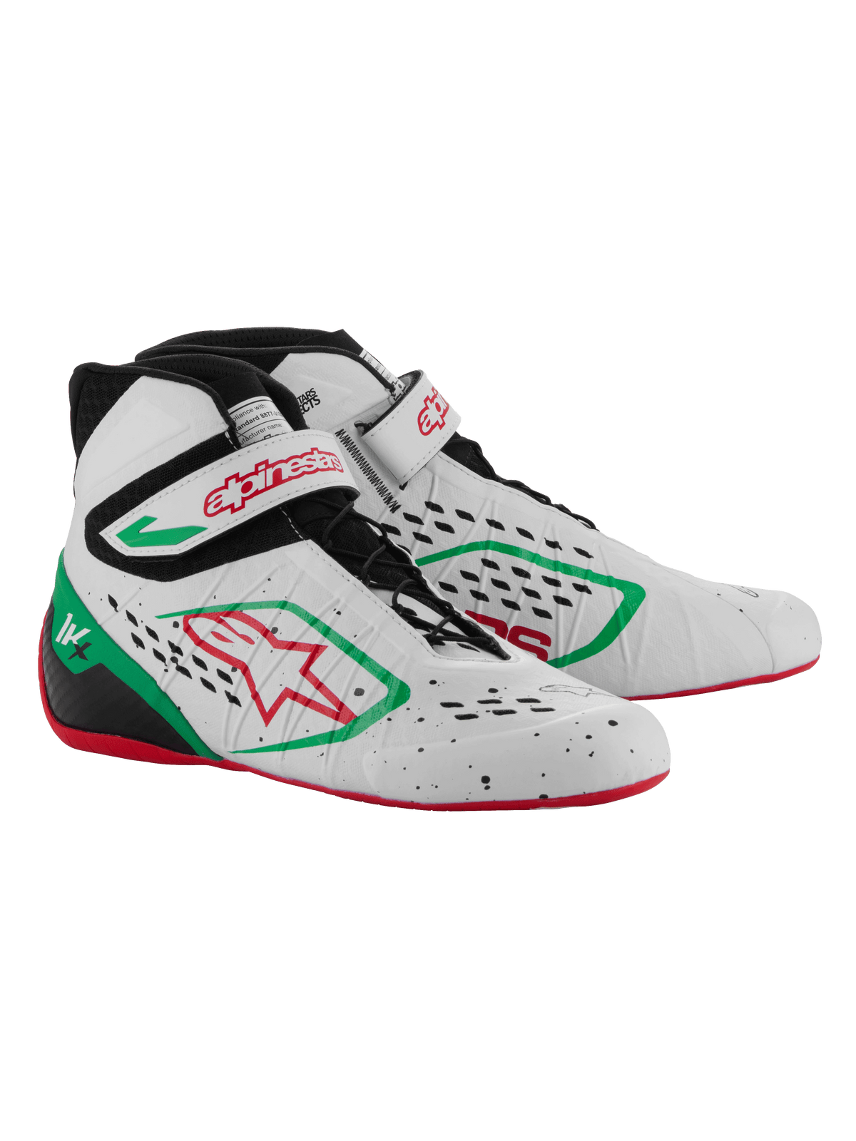 Zapatillas de karting Alpinestars Tech-1 KX V3, blancas, verdes y rojas, con parte superior termo-soldada sin costuras y perforaciones cortadas con láser, sistema de cordones asimétrico, correa de velcro con logotipo en rojo y suela fina de goma roja