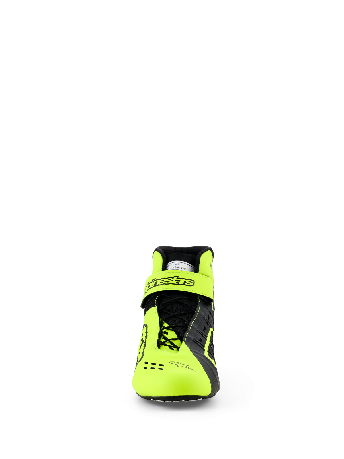Zapatillas Alpinestars Tech-1 KX V3, zapatillas de karting, negro y amarillo flúor, vista frontal que muestra el sistema de cordones asimétrico y la correa ajustable en el tobillo con el logotipo de Alpinestars, diseño estilizado y ligero para un rendimiento en carreras con certificación FIA
