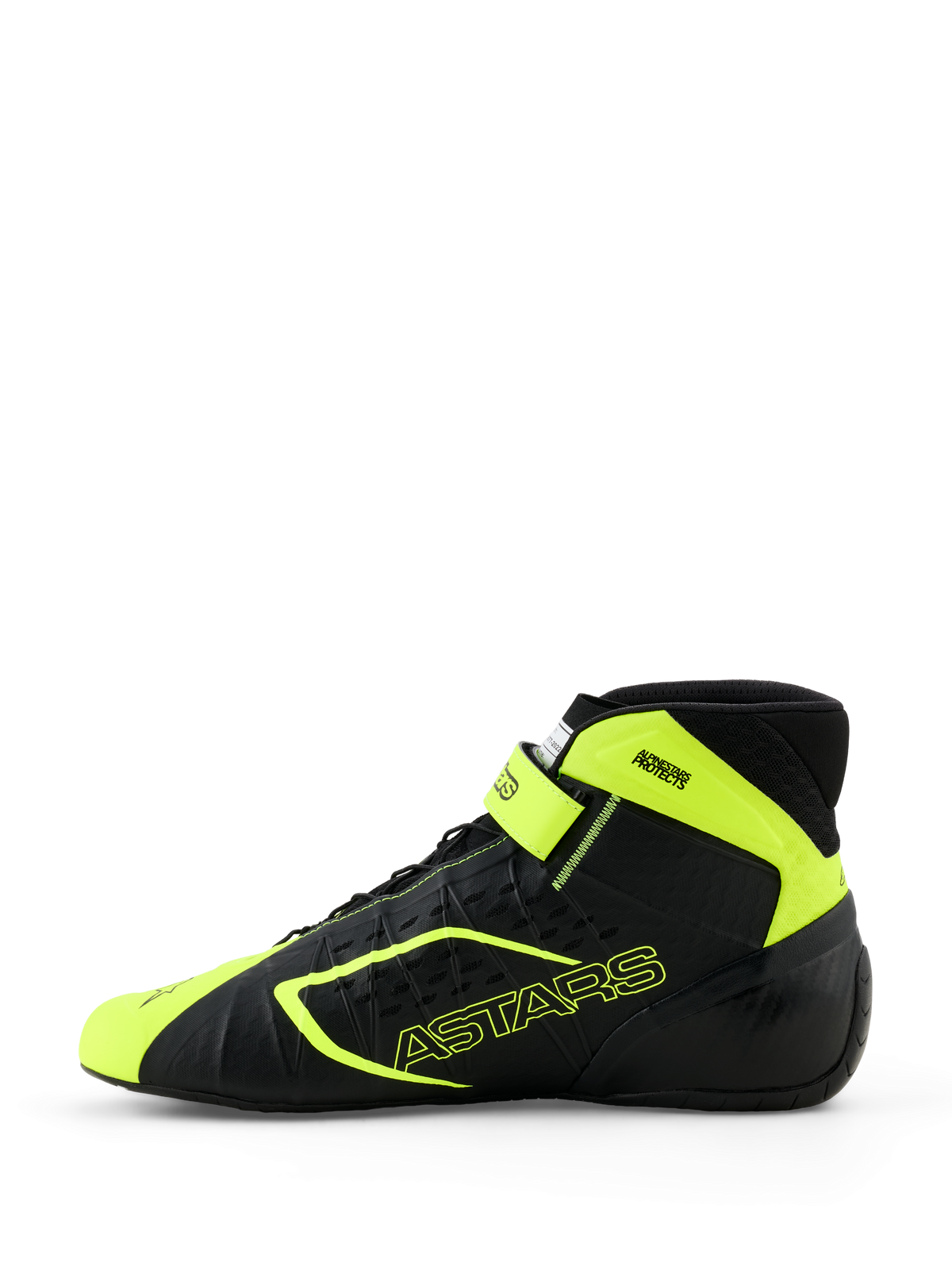 Zapatillas de karting Alpinestars Tech-1 KX V3, negro y amarillo flúor, vista de perfil lateral que muestra la construcción termosoldada sin costuras, perforaciones cortadas con láser, detalles en amarillo brillante con la marca ASTARS y correa ajustable en el tobillo, diseño de automovilismo elegante