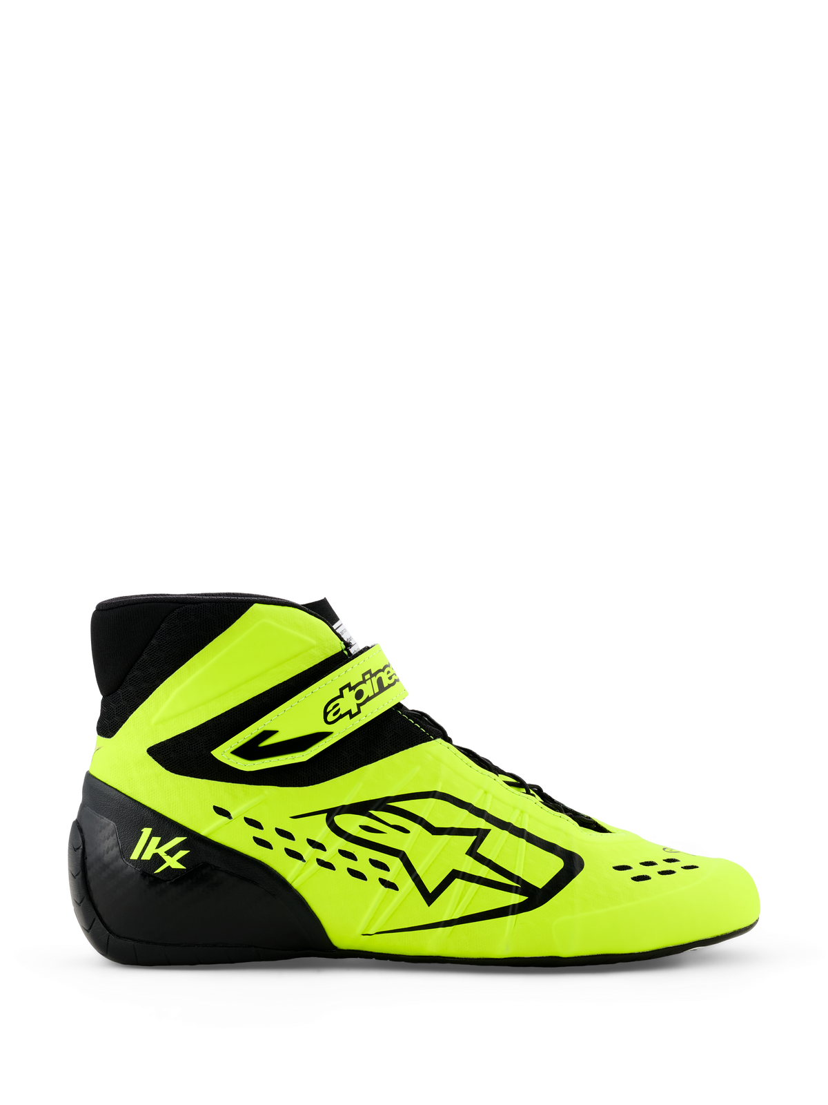 Zapatillas de karting Alpinestars Tech-1 KX V3, amarillo fluo y negro, vista de perfil lateral con logotipo destacado de Alpinestars, correa ajustable en el tobillo y perforaciones cortadas con láser para mayor transpirabilidad, calzado profesional de automovilismo