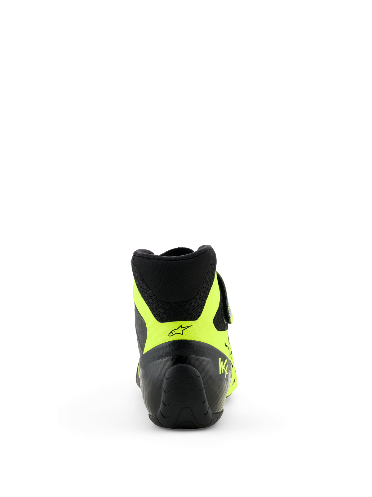 Zapatillas Alpinestars Tech-1 KX V3 - FIA, negro y amarillo flúor, vista trasera con enfoque en el talón, detalles en amarillo neón con logotipo de estrella negra y marca KX, calzado profesional para karting