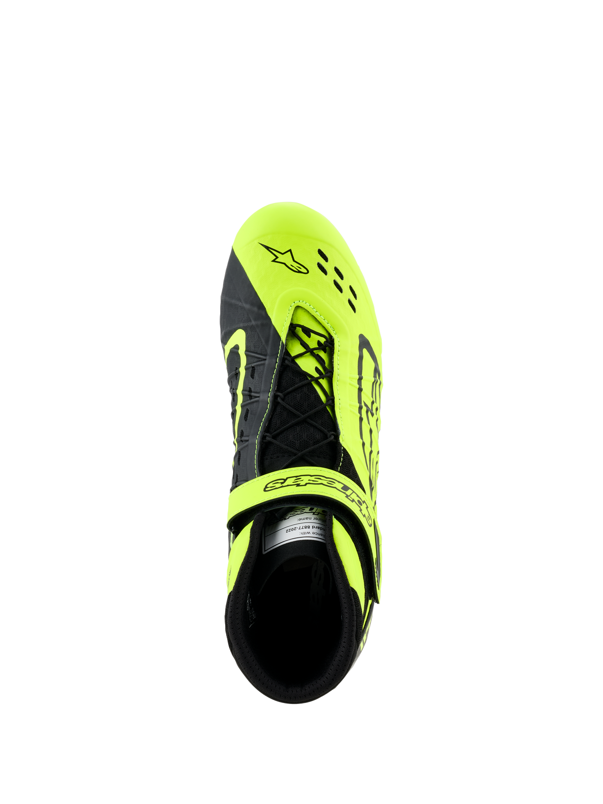 Zapatillas Alpinestars Tech-1 KX V3, calzado de karting, negro y amarillo flúor, vista superior que muestra el sistema de cordones asimétricos y la correa ajustable, con perforaciones cortadas por láser para mayor transpirabilidad, diseñadas para carreras de karting