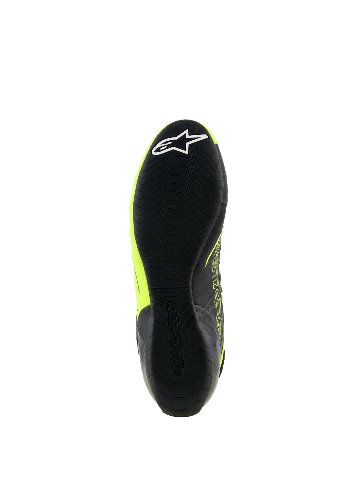Zapatillas Alpinestars Tech-1 KX V3, calzado de karting, negro y amarillo flúor, vista inferior de la suela de goma fina con patrón de agarre texturizado y logotipo de estrella blanca en el talón, diseñadas para el rendimiento en deportes de motor