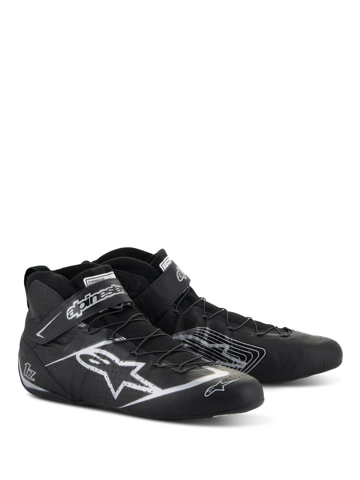 Alpinestars Tech-1 Z V3 Shoes FIA, calzado para automovilismo, negro y plateado, cuero bovino premium con logo de la estrella Alpinestars en plata, perfil bajo elegante con sistema de cordones rápidos y correa de Velcro