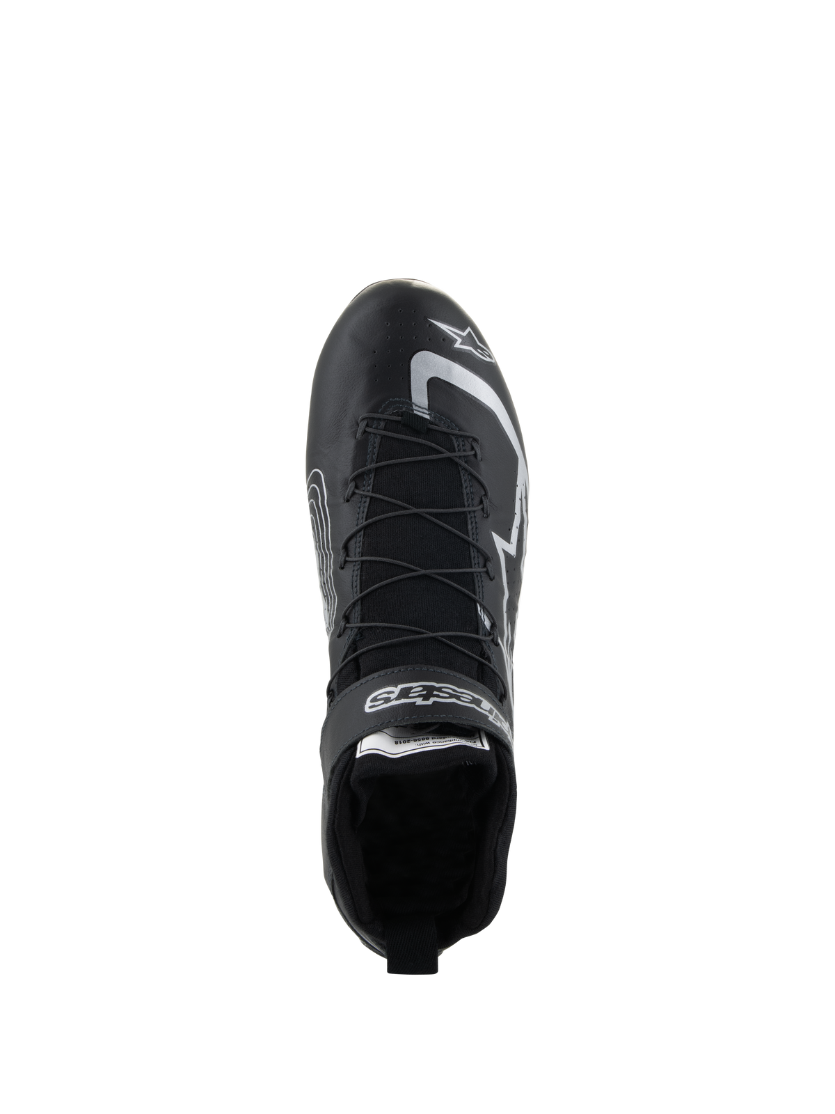 Alpinestars Tech-1 Z V3 Shoes FIA, zapatos para carreras de autos, negro y plata, vista superior que muestra el sistema de cordones rápidos y la marca Alpinestars, calzado profesional de cuero bovino para automovilismo