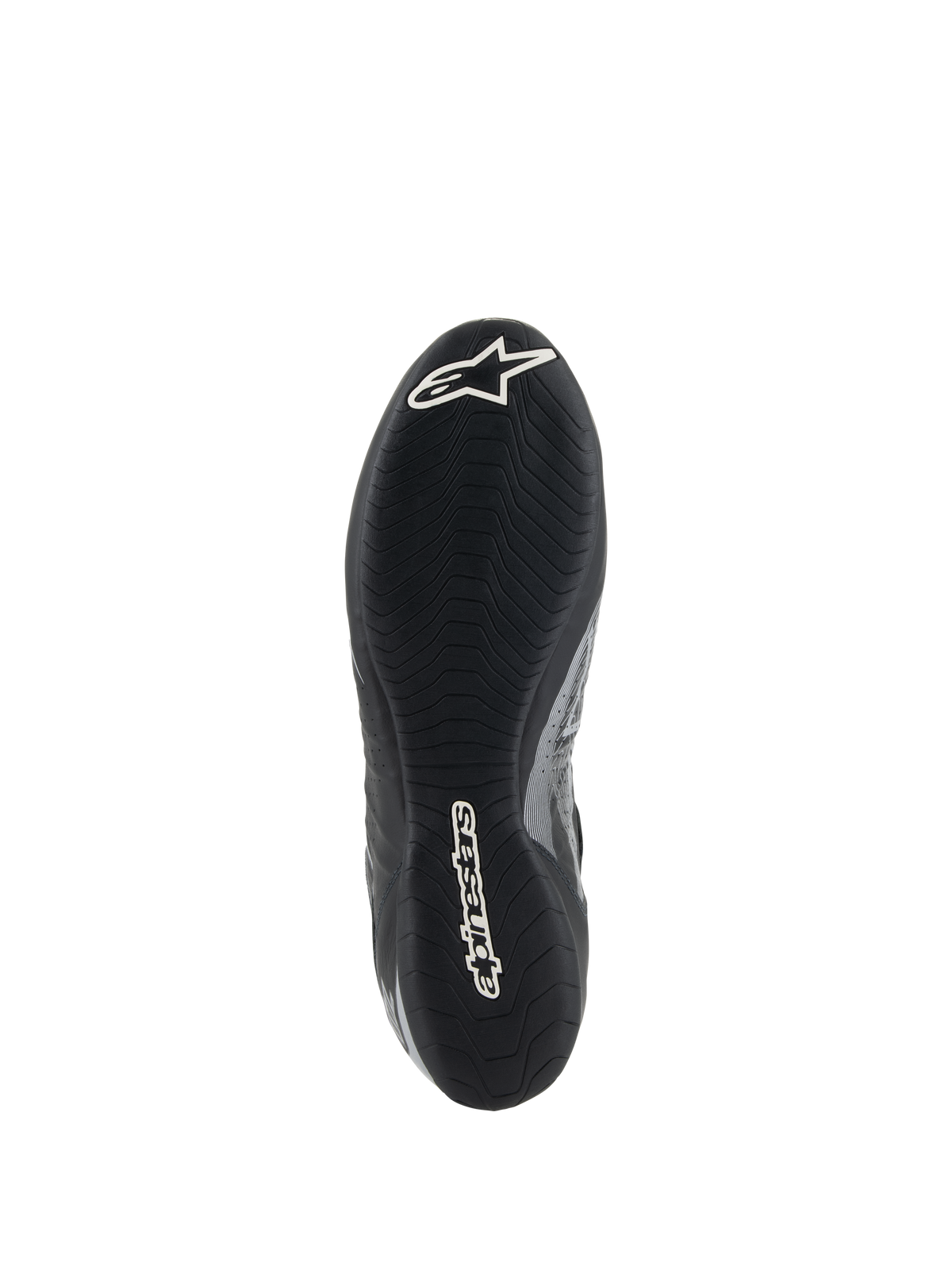 Alpinestars Tech-1 Z V3 Shoes FIA, vista de la suela del zapato de carreras negro y plata, con suela de goma fina inspirada en la F1 con dibujo asimétrico, logotipos blancos incluyendo el logo Astar y Alpinestars