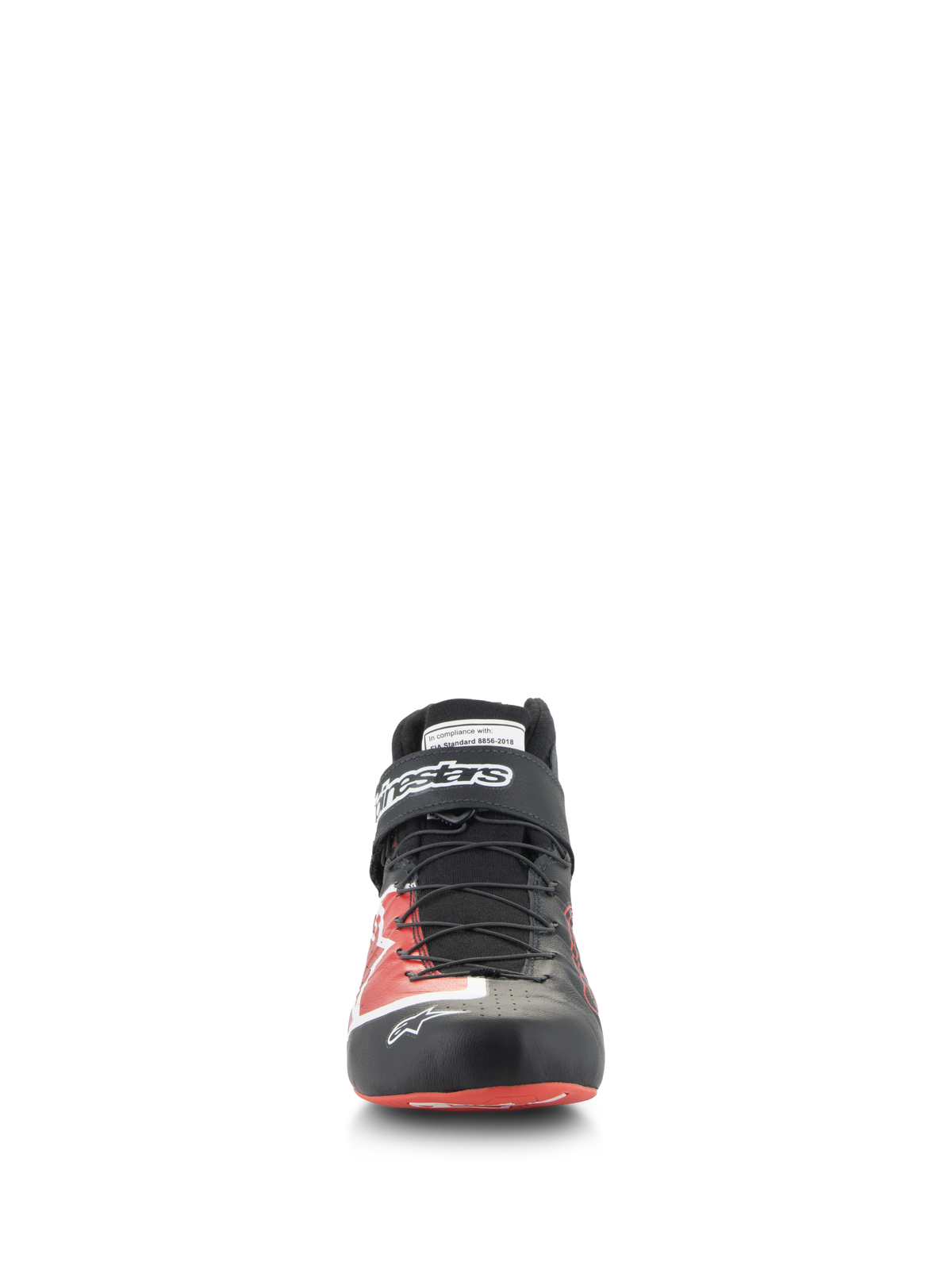 Zapatos Alpinestars Tech-1 Z V3 FIA, calzado de automovilismo, negro y rojo, vista frontal, con sistema de cordones rápido, correa de velcro en el tobillo con marca blanca y parte superior de cuero premium con detalles gráficos en rojo, calzado profesional para deportes de motor