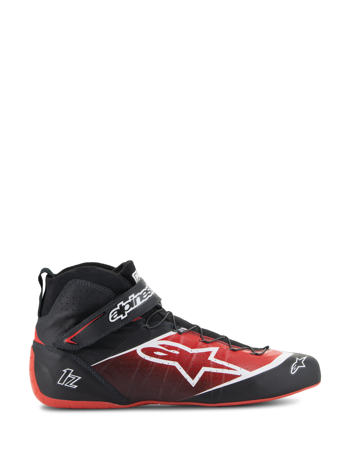 Alpinestars Tech-1 Z V3 Shoes FIA, zapatos de carreras de automovilismo, negro y rojo, diseño de caña alta con logo de estrella blanca, acabado brillante con perforaciones texturizadas, suela roja curva, con certificación FIA, correa en el tobillo con marca, calzado de automovilismo aerodinámico