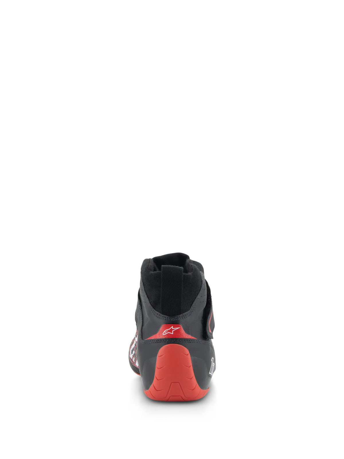 Alpinestars Tech-1 Z V3 Shoes FIA, zapatos de competición automovilística, negro y rojo, vista trasera que destaca la talonera termoformada roja con el logo blanco, confección en cuero negro, calzado profesional para motorsport