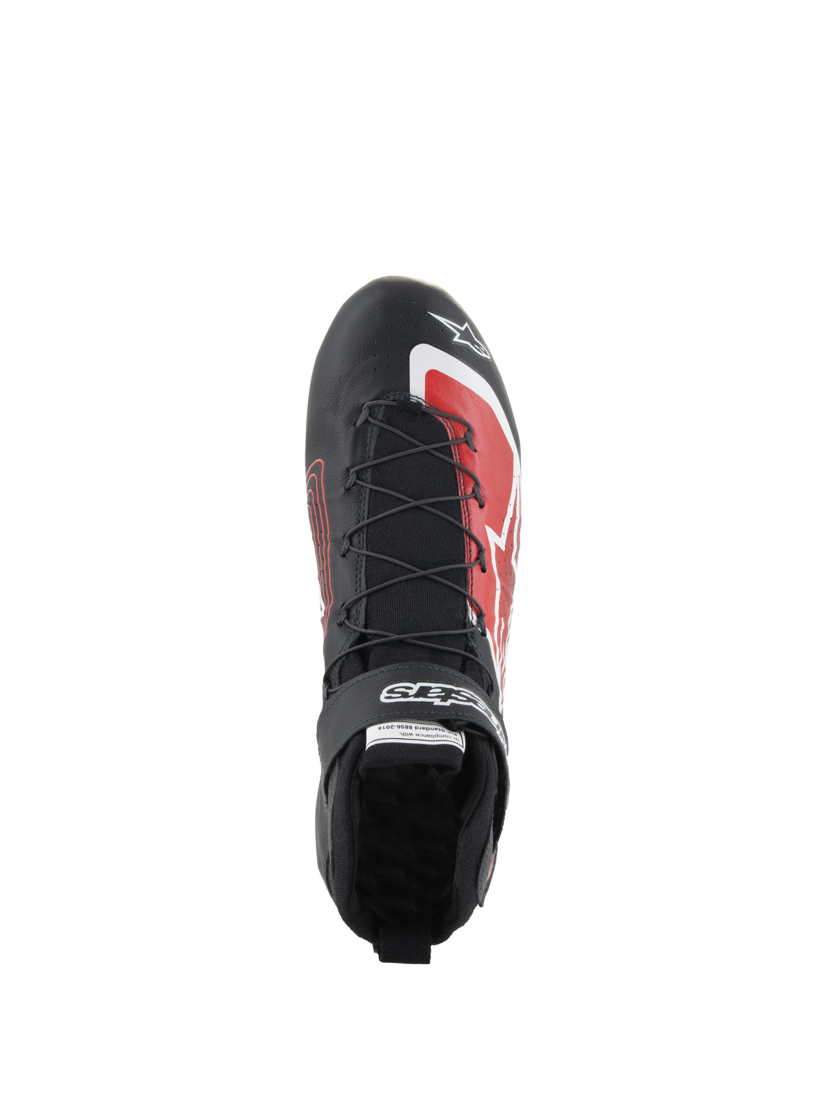 Alpinestars Tech-1 Z V3 Shoes FIA, zapatos de carreras de autos, negro y rojo, vista superior que muestra el sistema de cordones rápidos, correa de velcro con la marca y detalles gráficos rojos en la puntera, diseño de cuero estilizado para rendimiento en el automovilismo