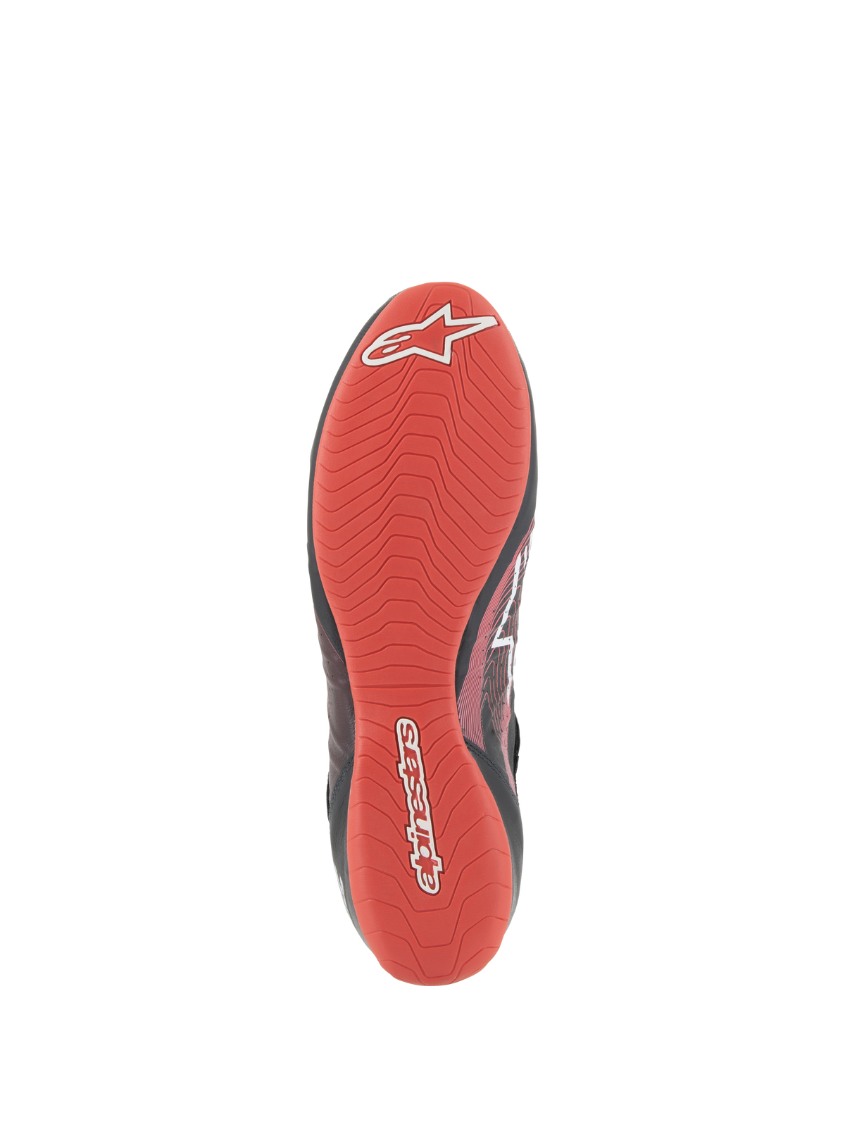 Zapatos Alpinestars Tech-1 Z V3 FIA, vista inferior de la suela, goma texturizada en color rojo vibrante, patrón de dibujo asimétrico para un alto nivel de agarre y sensibilidad con los pedales, logotipo y nombre de Alpinestars en blanco