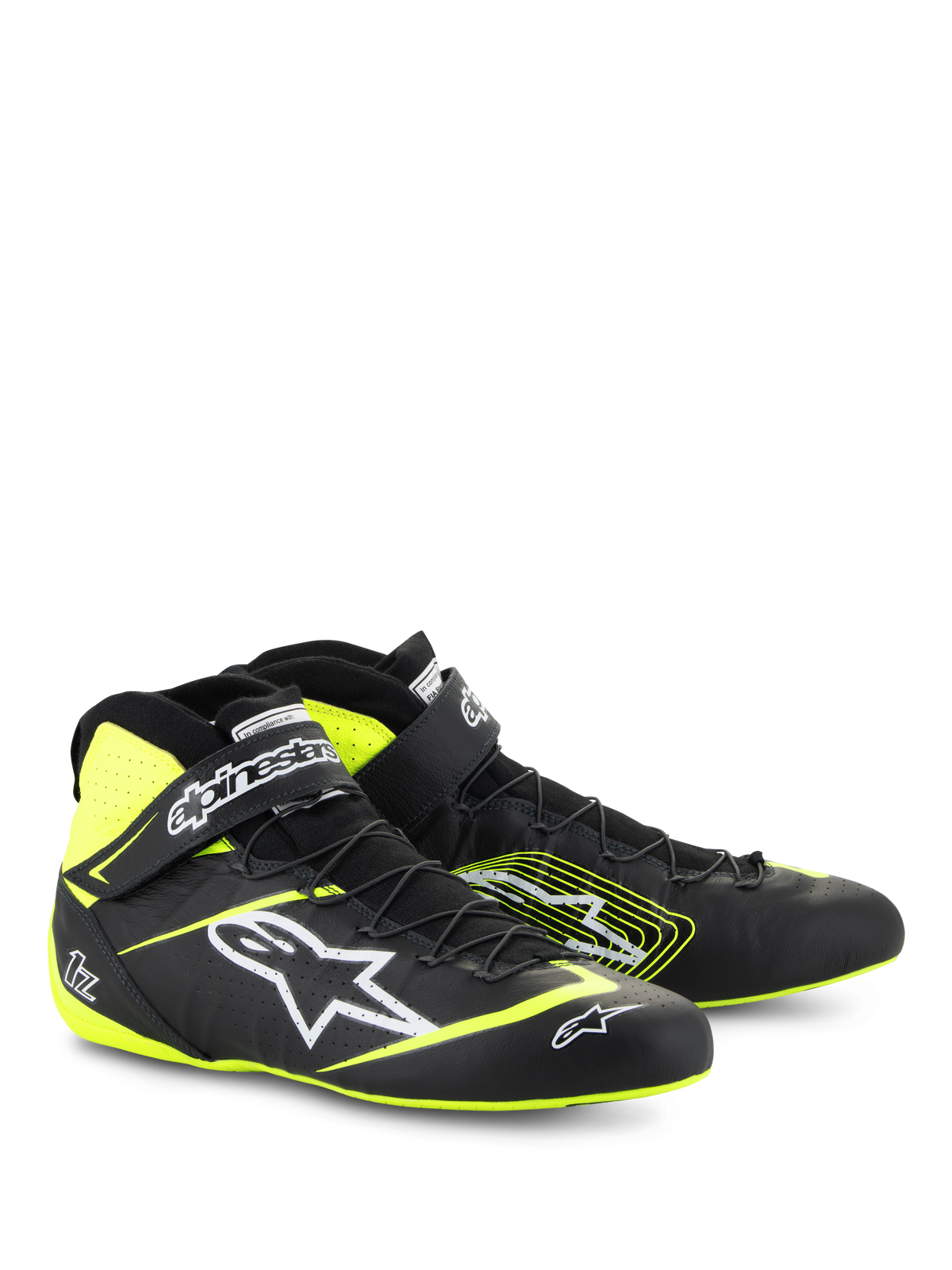 Alpinestars Tech-1 Z V3 Shoes FIA, zapatos de automovilismo, negro y amarillo flúor, con el logotipo Astars en blanco, sistema de cordones rápidos y correa en el tobillo, diseño de cuero de caña alta para automovilismo profesional