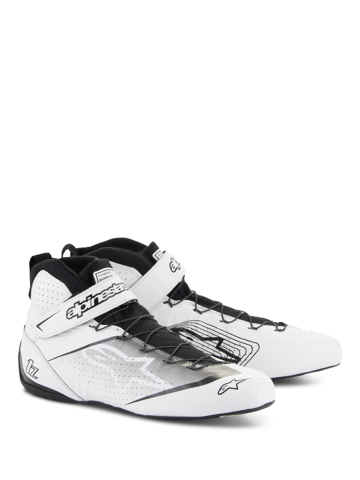 Alpinestars Tech-1 Z V3 Shoes FIA, zapatos de automovilismo, blanco y negro, con cuero bovino de primera calidad y paneles perforados, sistema de cordones rápidos con correa de velcro segura, diseño elegante y profesional de automovilismo