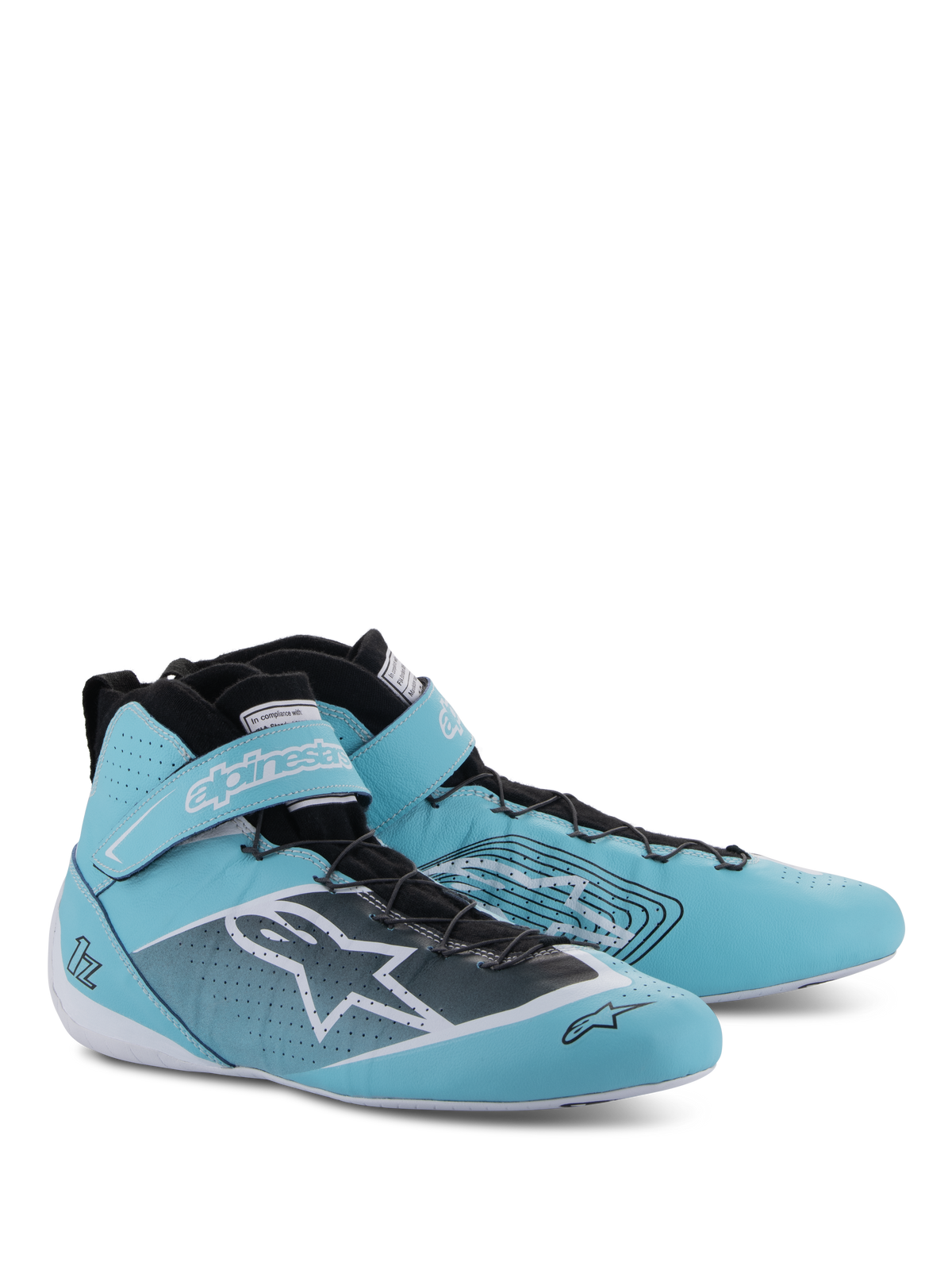 Alpinestars Tech-1 Z V3 FIA, zapatos de automovilismo, verde azulado claro, blanco y negro, diseño de caña alta con correa de velcro en el tobillo, logotipo de Alpinestars destacado y detalles de cuero perforado para el rendimiento