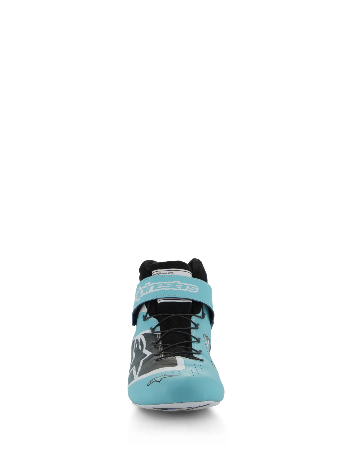 Zapatos Alpinestars Tech-1 Z V3 FIA, zapatos de automovilismo en azul cerceta claro, blanco y negro, vista frontal que muestra la parte superior de cuero premium, sistema de cordones rápidos y correa de velcro con marca en el tobillo