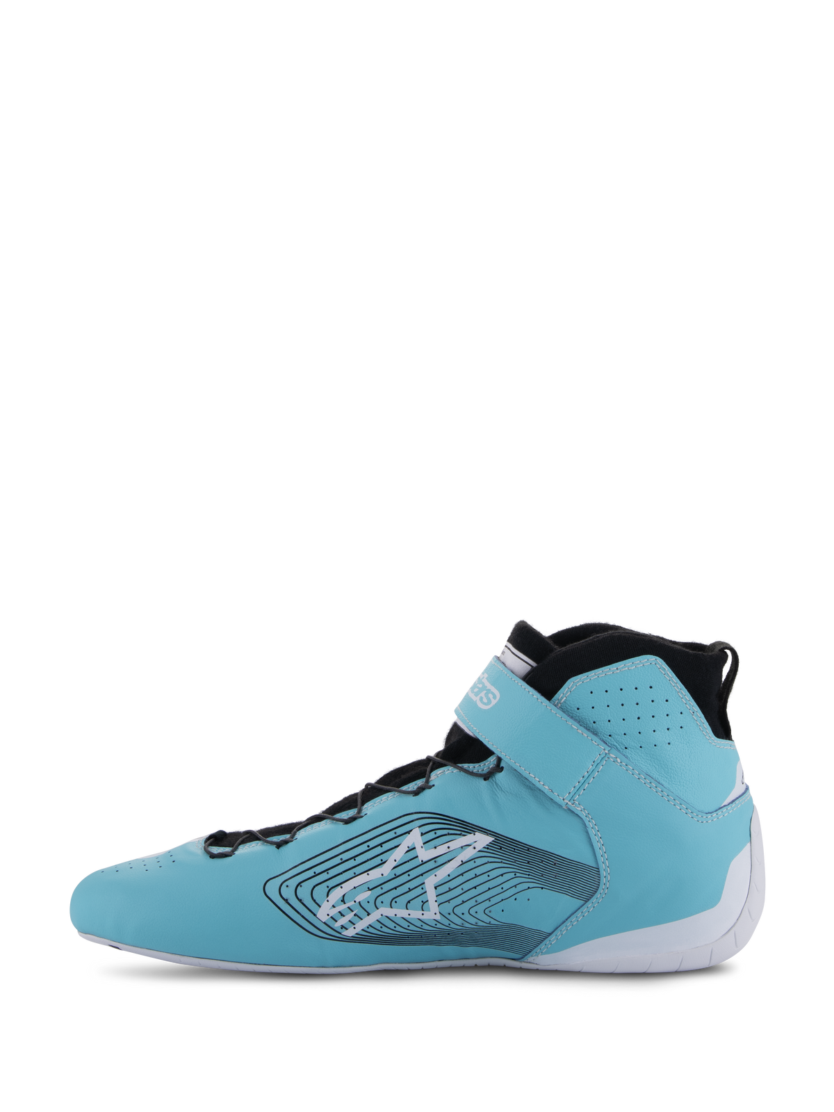 Alpinestars Tech-1 Z V3 Shoes FIA, zapatos de automovilismo, verde azulado claro, blanco y negro, vista de perfil lateral, cuero premium con perforaciones, logotipo de estrella grande con líneas gráficas onduladas, suela blanca y cuello negro