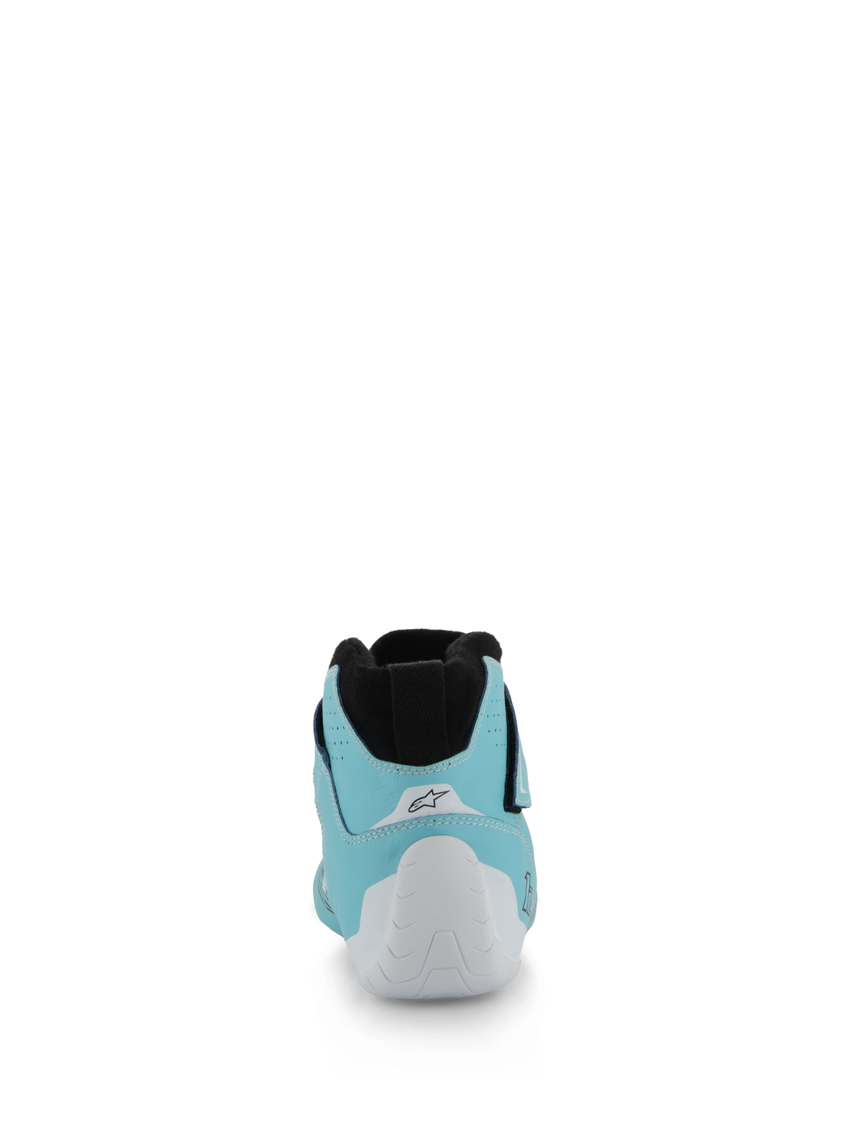 Alpinestars Tech-1 Z V3 Shoes FIA, zapatos de automovilismo, verde azulado claro, blanco y negro, vista trasera que muestra la talonera termoformada blanca y el cuello elástico de punto negro, calzado profesional de automovilismo