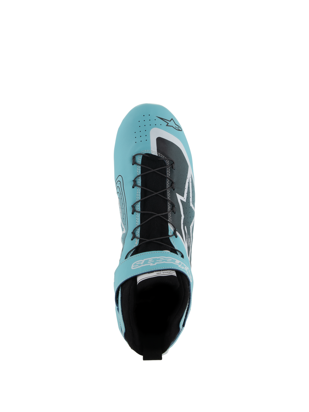 Alpinestars Tech-1 Z V3 Shoes FIA, calzado para automovilismo, verde cerceta claro, blanco y negro, vista superior que muestra el sistema de cordones rápido, correa de velcro y parte superior de cuero perforado, diseñado para el rendimiento en el automovilismo profesional