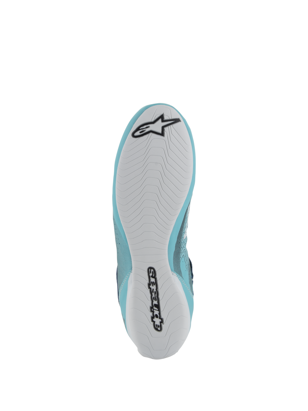 Zapatos Alpinestars Tech-1 Z V3 FIA, calzado de automovilismo, verde azulado claro y blanco, vista inferior que muestra una suela de goma blanca con el logotipo y la marca denominativa Alpinestars en negro, dibujo asimétrico para agarre y sensibilidad con los pedales.