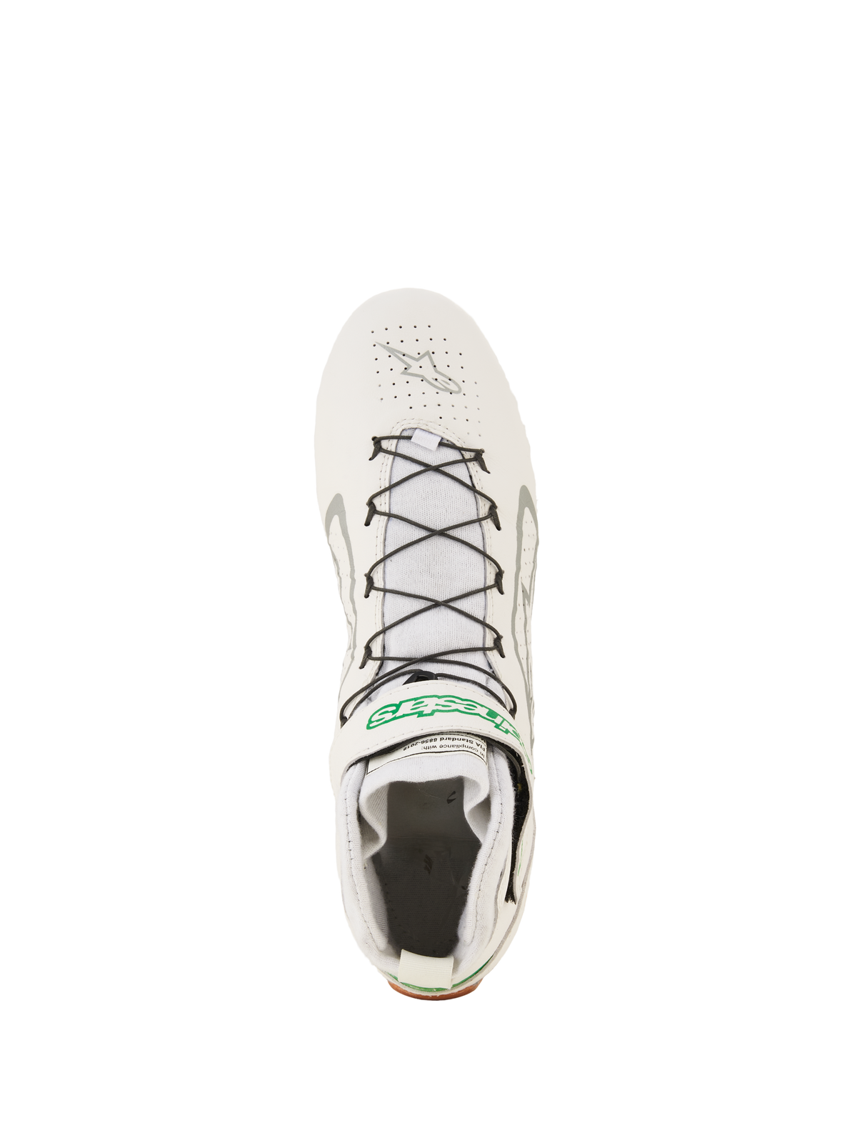 Alpinestars Tech-1 Z V3 Shoes FIA, calzado profesional para automovilismo, blanco, verde y plateado, vista superior con cordones rápidos negros con soporte de alambre, parte superior de cuero perforado y marca Alpinestars verde en la correa