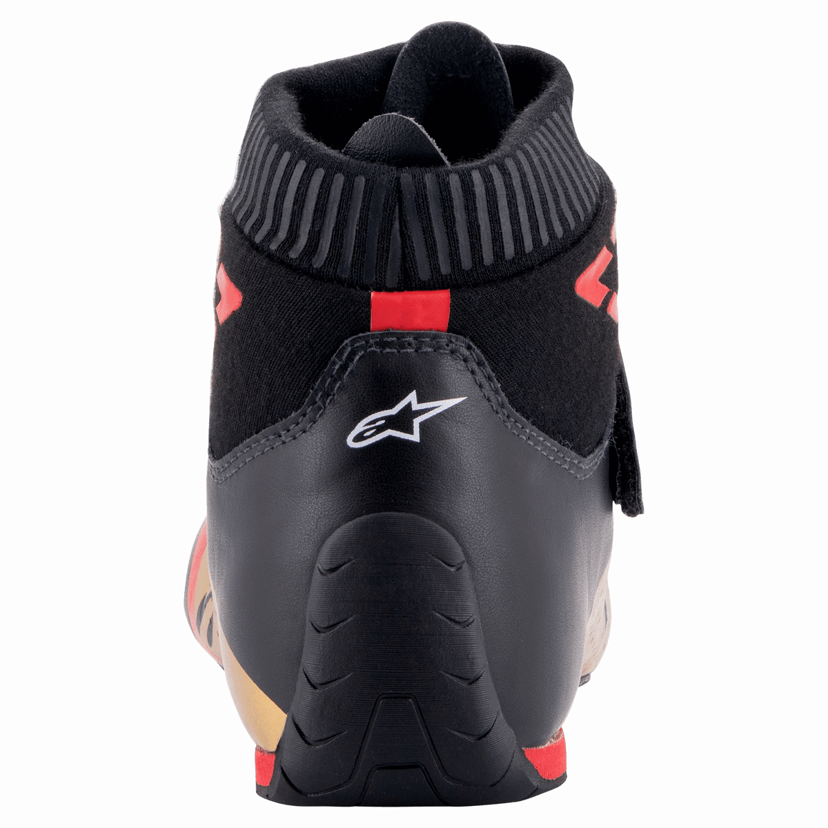 Alpinestars Supermono V2 Shoes FIA, vista trasera del talón del zapato de carreras, negro con logotipo de estrella blanca y detalles en rojo, con cuello ignífugo acanalado y construcción de cuero estilizada