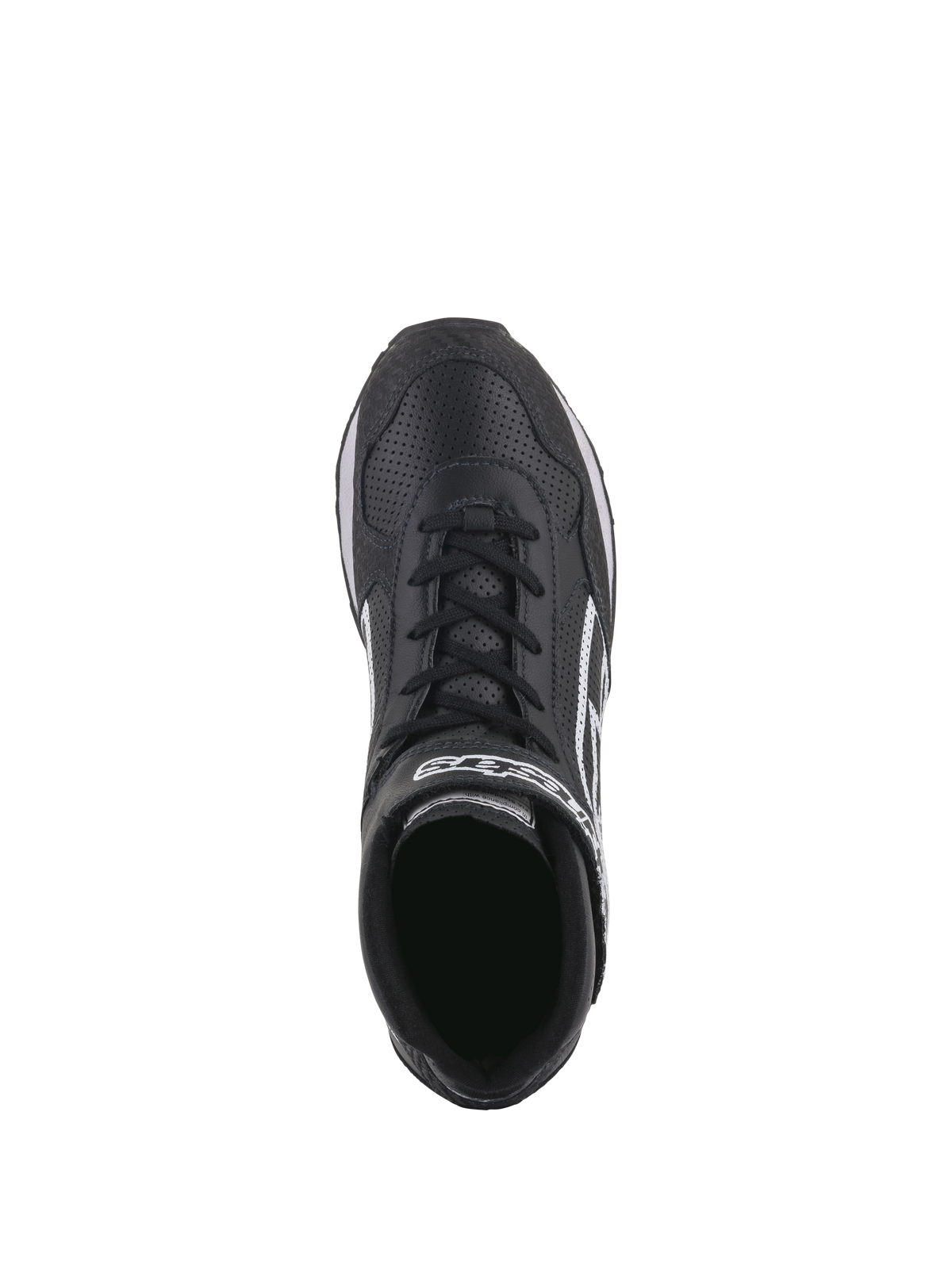 Zapatos Alpinestars Radar, calzado para equipos de boxes de automovilismo, negros y blancos, vista superior que destaca la parte superior de cuero perforado, sistema de cierre doble con cordones y correa de gancho y bucle, logotipo blanco de Alpinestars, diseño duradero para paradas en boxes profesionales