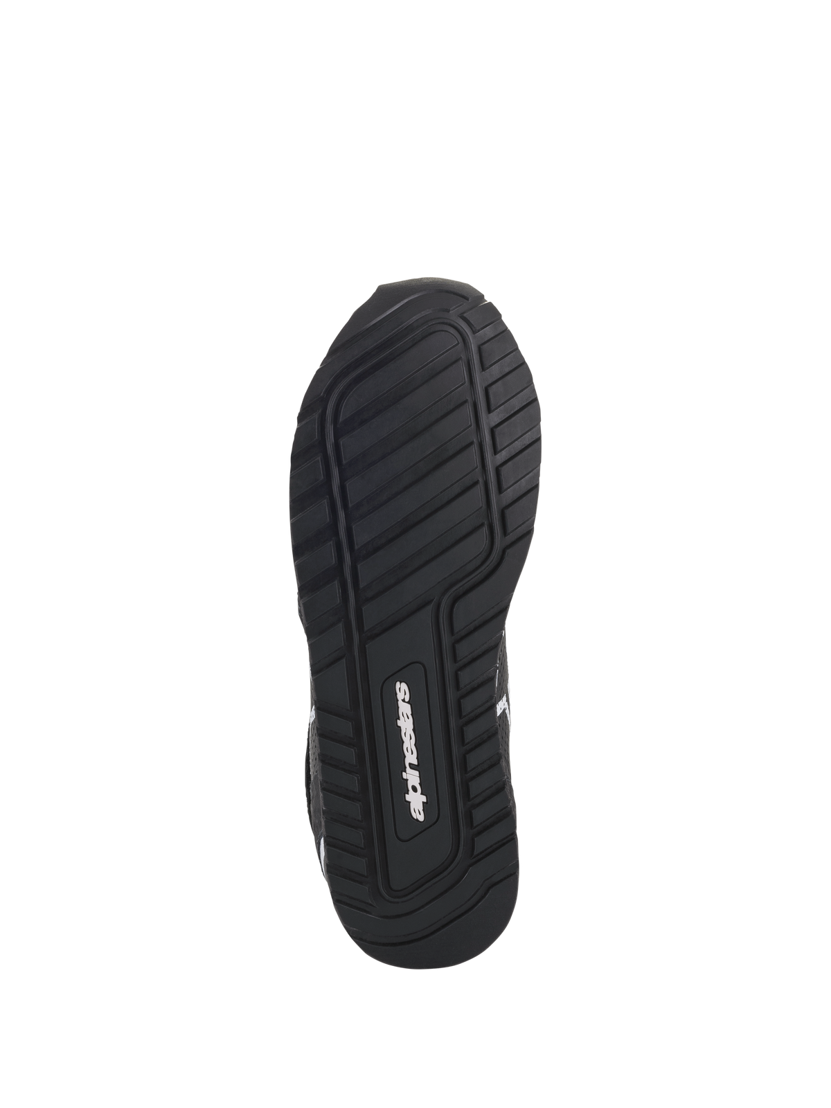Zapatos Alpinestars Radar, Negro y Blanco, vista inferior que muestra la suela de compuesto de goma exclusiva con patrón de dibujo texturizado para mayor agarre y estabilidad, con el logotipo de Alpinestars en el centro.