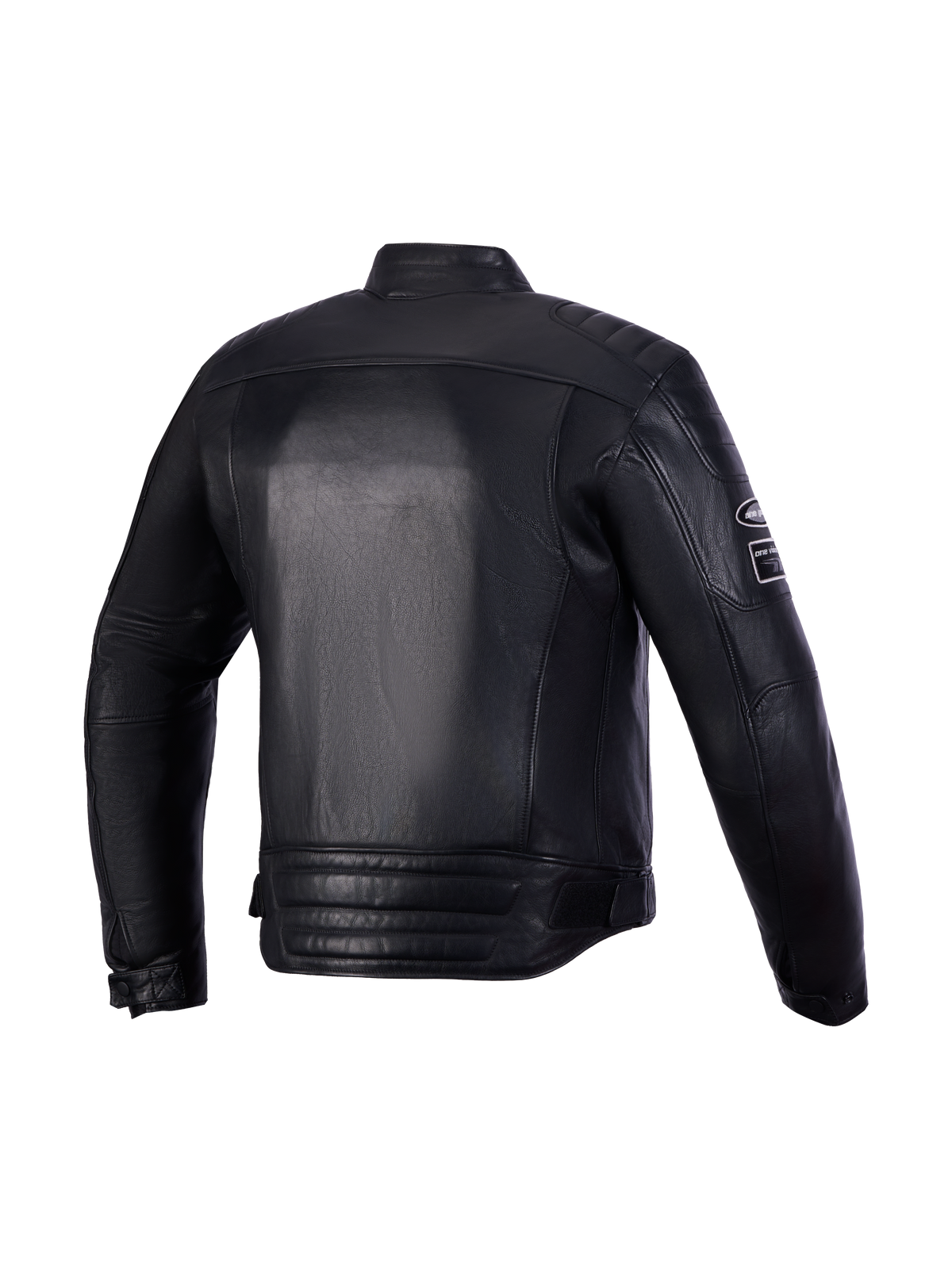 Alpinestars Revern Leather Jacket, chaqueta de moto de cuero negro para hombre, vista trasera que muestra la confección en cuero bovino premium