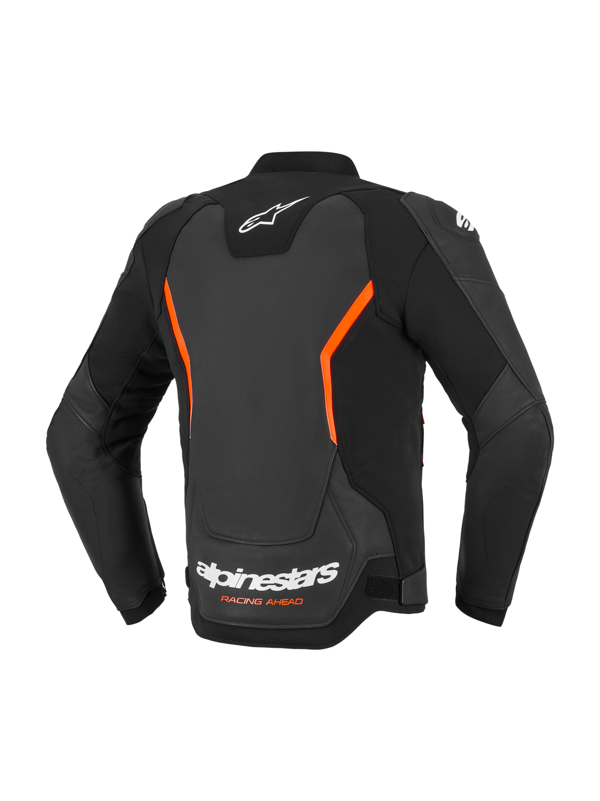 Chaqueta de cuero Alpinestars GP Force V2, chaqueta de moto de cuero, negro y rojo flúor, vista trasera con logotipos de Alpinestars en blanco y texto Racing Ahead en naranja, detalles angulares en rojo flúor, construcción de múltiples paneles con mangas precurvadas
