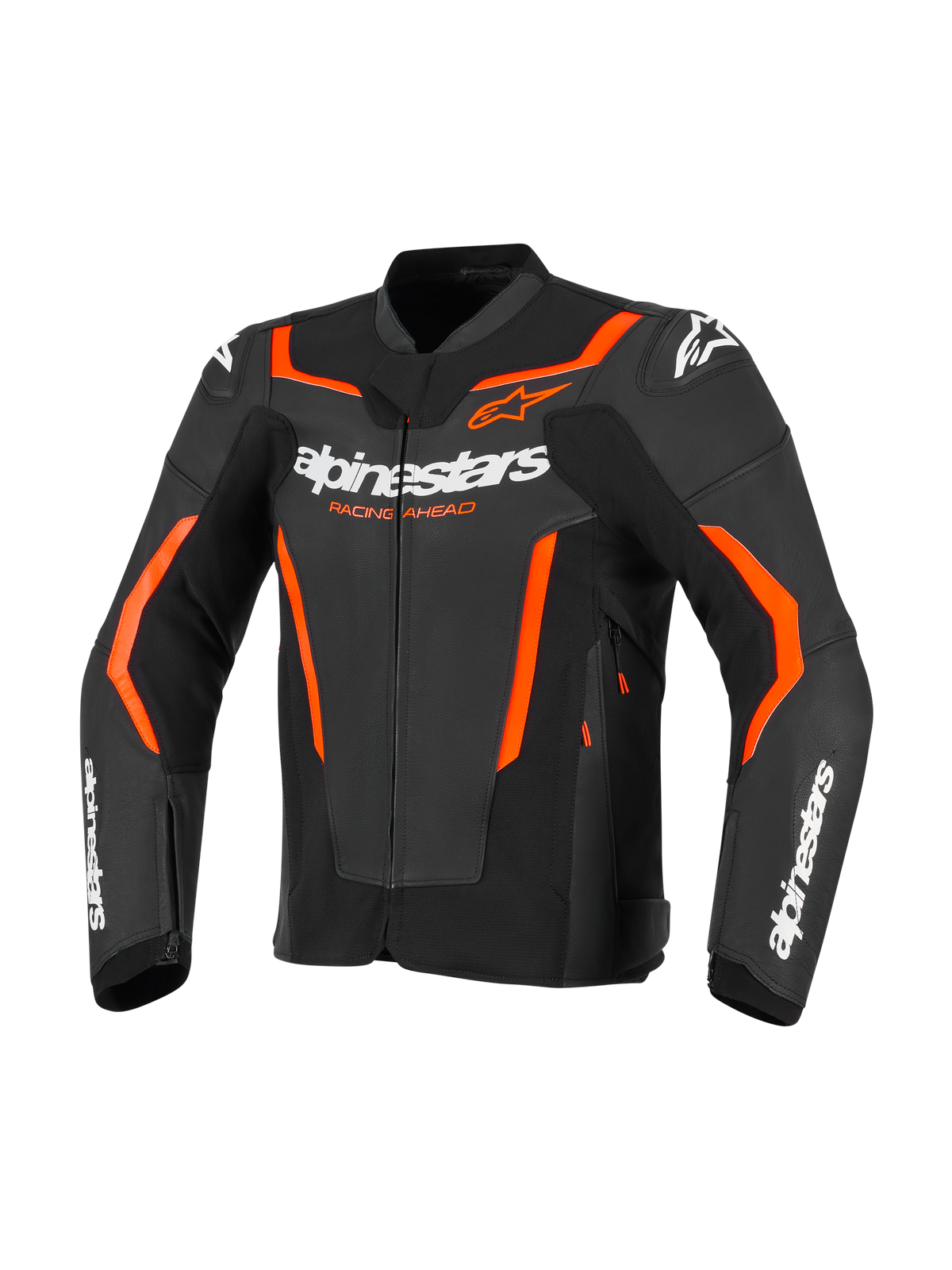 Chaqueta de cuero Alpinestars GP Force V2, chaqueta deportiva de moto, negro y rojo flúor, con logotipos de Alpinestars en blanco y detalles vibrantes en rojo anaranjado, confección profesional en cuero con diseño de ajuste deportivo