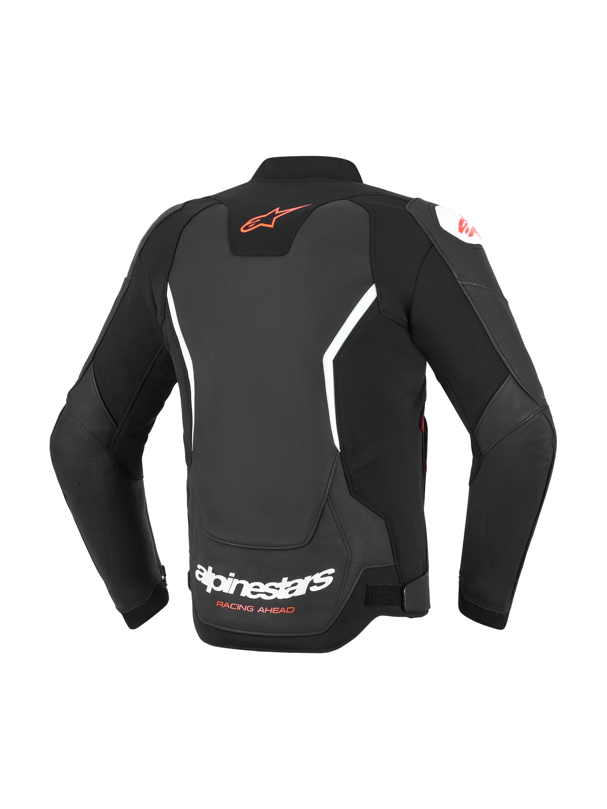 Alpinestars GP Force V2 Leather Jacket, negra con detalles blancos y rojos, vista trasera que muestra el logotipo Astar rojo en la parte superior de la espalda y la marca Alpinestars blanca en la parte inferior, chaqueta de cuero para moto de ajuste deportivo con paneles elásticos de acordeón.