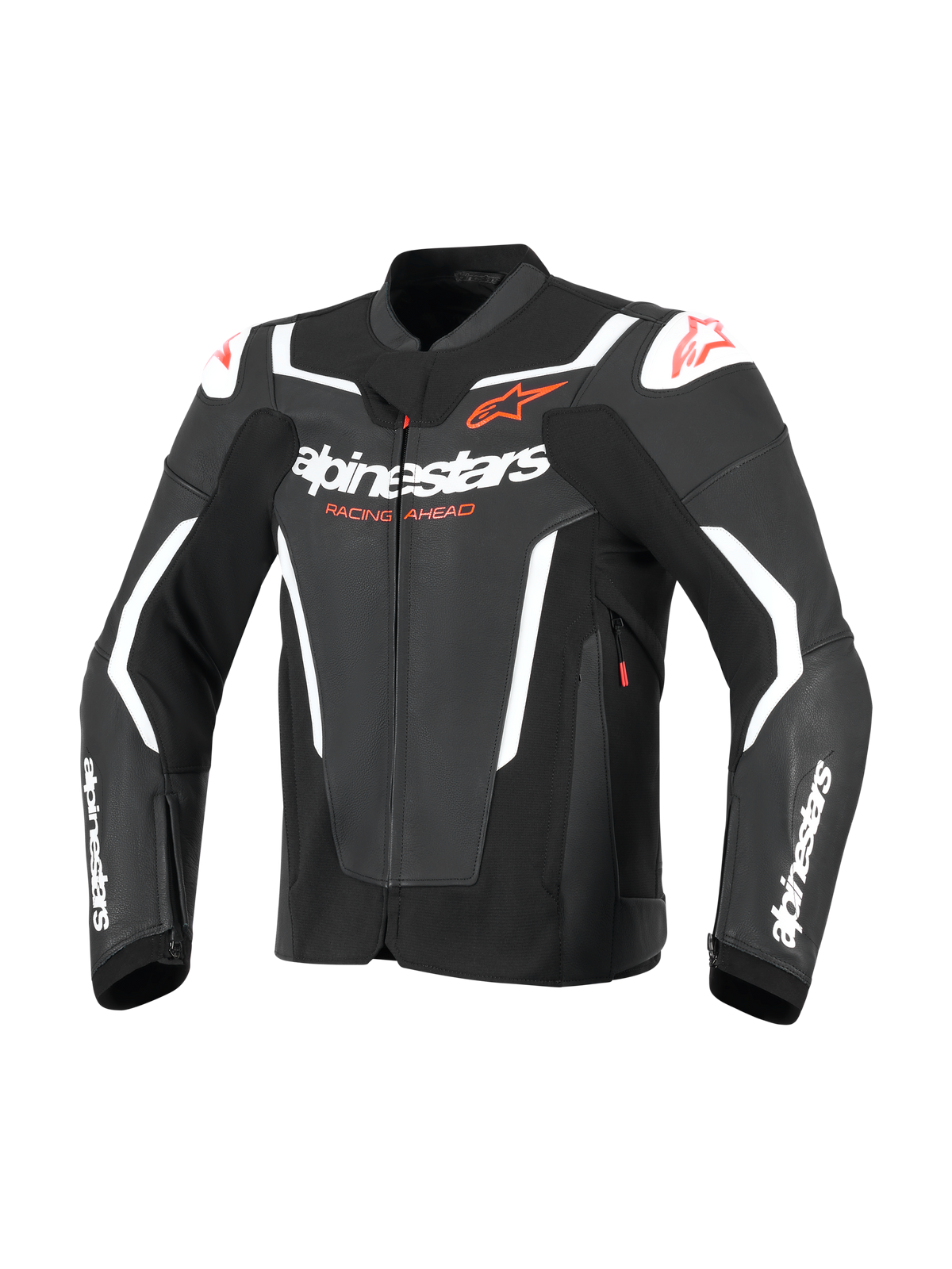 Alpinestars GP Force V2 Leather Jacket, chaqueta de moto deportiva, negra y blanca, con la marca Alpinestars en blanco en el pecho y las mangas, logotipos de estrellas rojas y deslizadores externos en los hombros, diseño de cuero inspirado en la competición profesional.