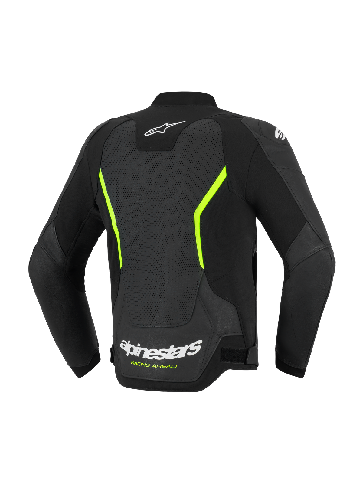 Alpinestars GP Force V2 Air Leather Jacket, chaqueta de cuero para moto, negra y amarillo flúor, vista trasera con amplios paneles de cuero perforado, logotipos de Alpinestars blancos, detalles en amarillo vibrante y ajuste deportivo de alto rendimiento