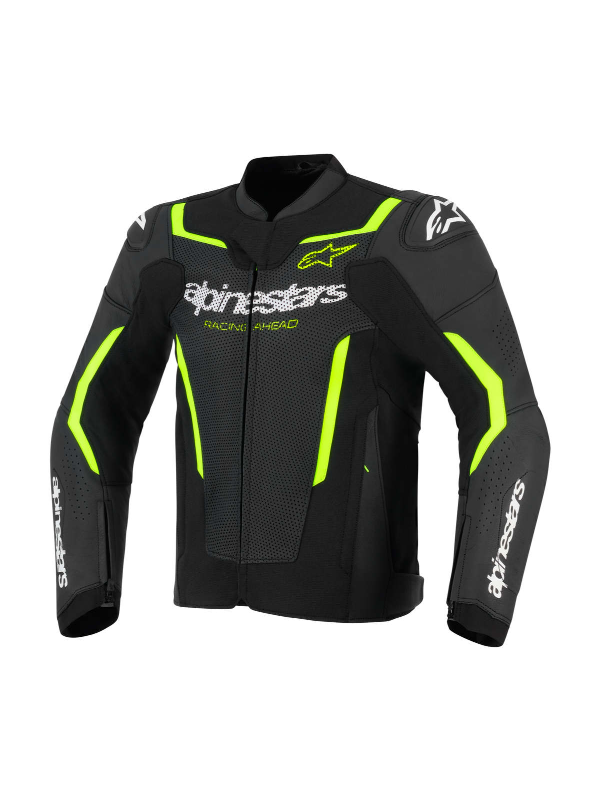 Chaqueta de cuero Alpinestars GP Force V2 Air, chaqueta de cuero para moto, negro y amarillo flúor, con paneles de cuero perforado para el flujo de aire, logotipo de Alpinestars en blanco en el pecho y los antebrazos, y detalles en amarillo fluorescente en los hombros y las mangas para un aspecto deportivo.
