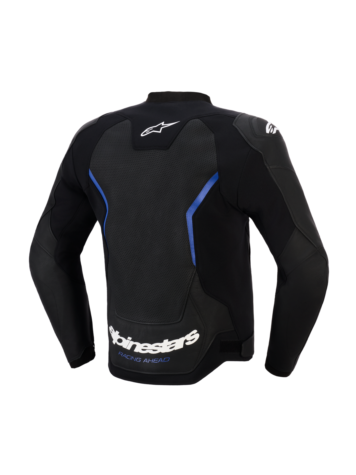 Chaqueta de cuero Alpinestars GP Force V2 Airflow, vista trasera, negro y azul metálico, gran panel trasero de cuero perforado para ventilación, logotipo de Alpinestars en blanco y eslogan 'RACING AHEAD' en el dobladillo inferior, equipamiento profesional para conducción deportiva