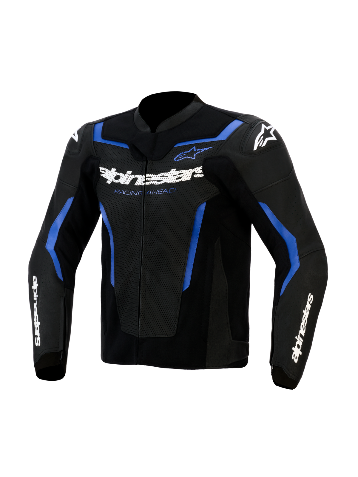 Chaqueta de cuero Alpinestars GP Force V2 Airflow, negro y azul metálico, paneles de cuero perforado en el pecho, marca Alpinestars en blanco con el texto 'Racing Ahead', diseño deportivo con detalles azules y logotipos de estrella blancos en los hombros, equipo profesional para motociclistas