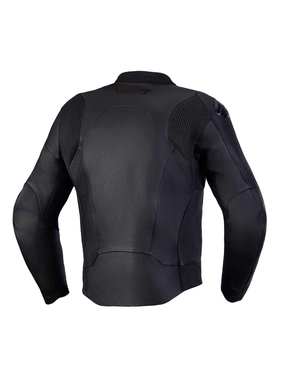 Alpinestars Caliber V 2 Chaquetas de cuero, chaqueta de moto deportiva certificada CE, vista trasera con paneles elásticos de acordeón de cuero en los hombros y la cintura, negra