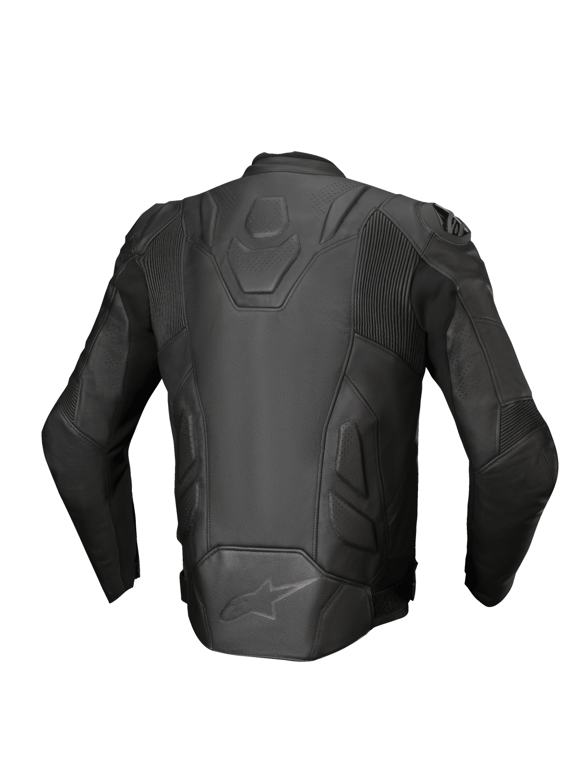 Alpinestars chaqueta de cuero Dusk, chaqueta de moto racing, hombre, negra, cuero premium, paneles elásticos, vista trasera.