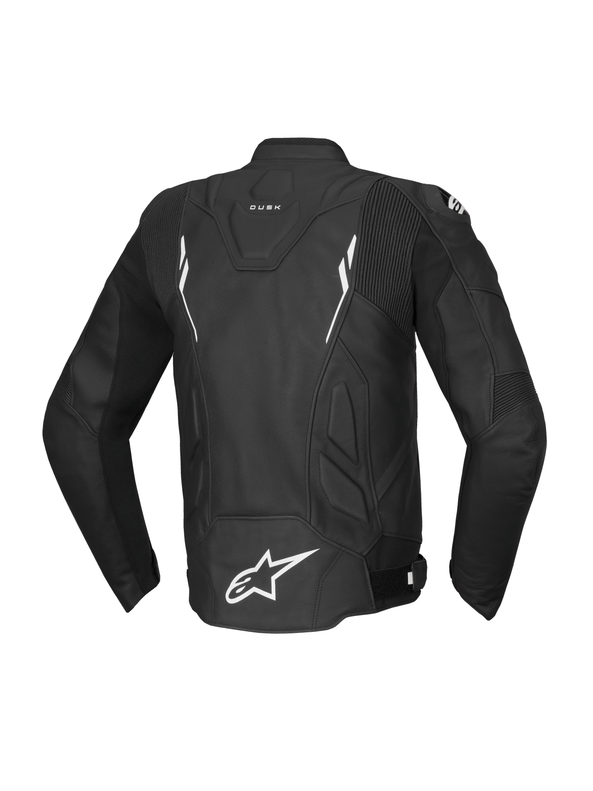 Alpinestars Chaqueta de cuero Dusk, chaqueta de moto para hombre, negra y blanca, cuero bovino, Tech-Air Ready, vista trasera.