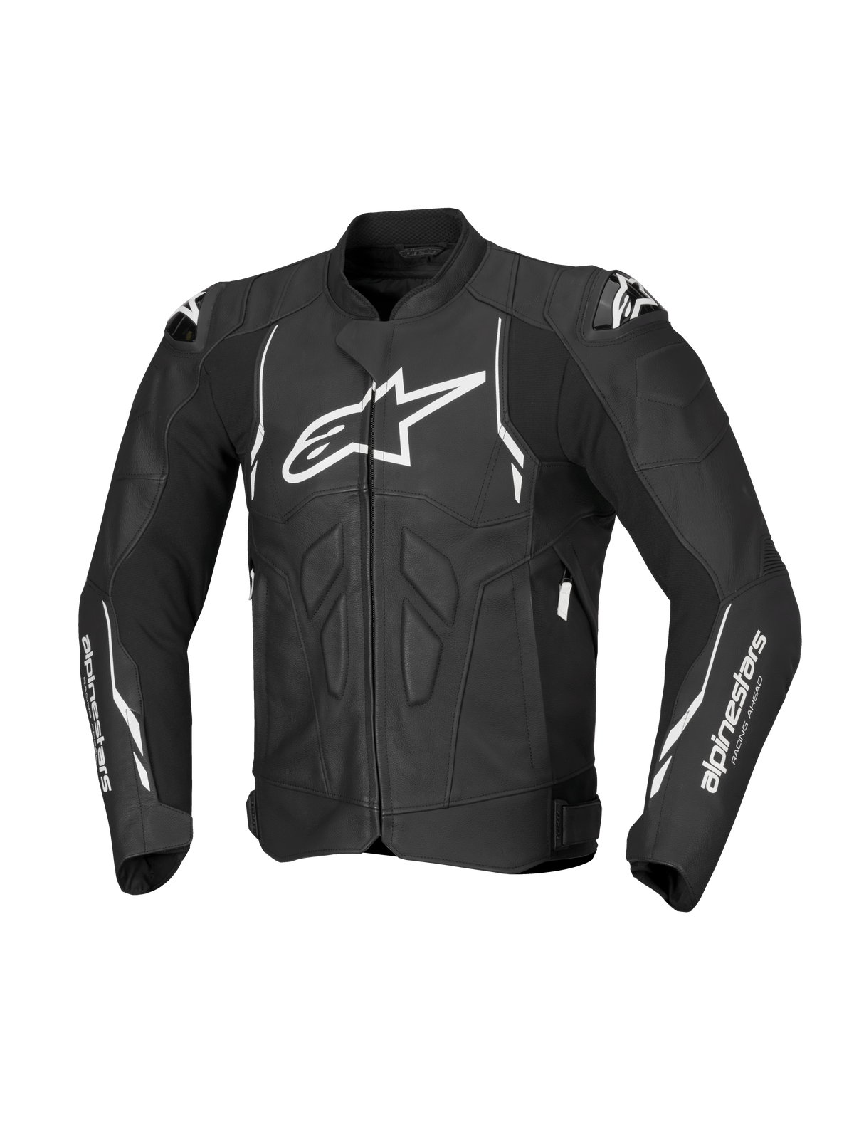 Alpinestars Dusk, chaqueta de moto de cuero para hombre, negra y blanca, confeccionada en cuero premium con certificación CE AA y protecciones Nucleon PLASMA.